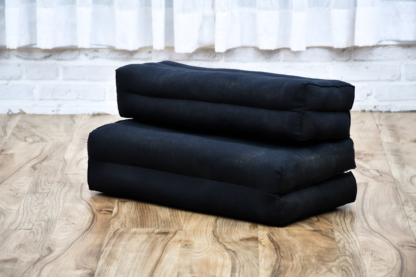 Foldable Meditation Cushion – Compact Kapok Seat with Foot Pad and Cotton Cover in Solid Colors or Thai Pattern, Cl02 - Black