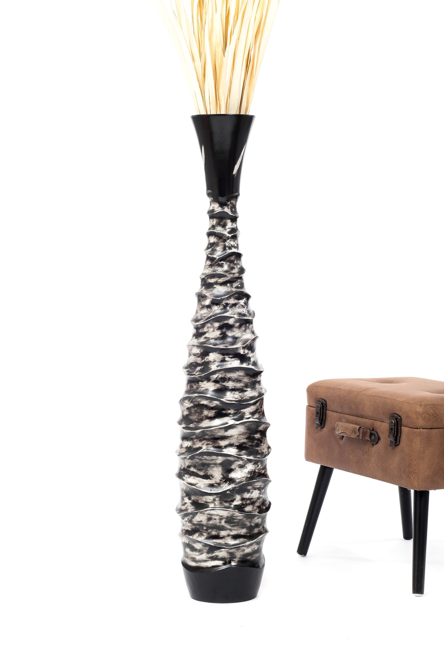 Large Mango Wood Floor Vase – Handcrafted Decorative Highlight from Thailand, black, white, 41 inches