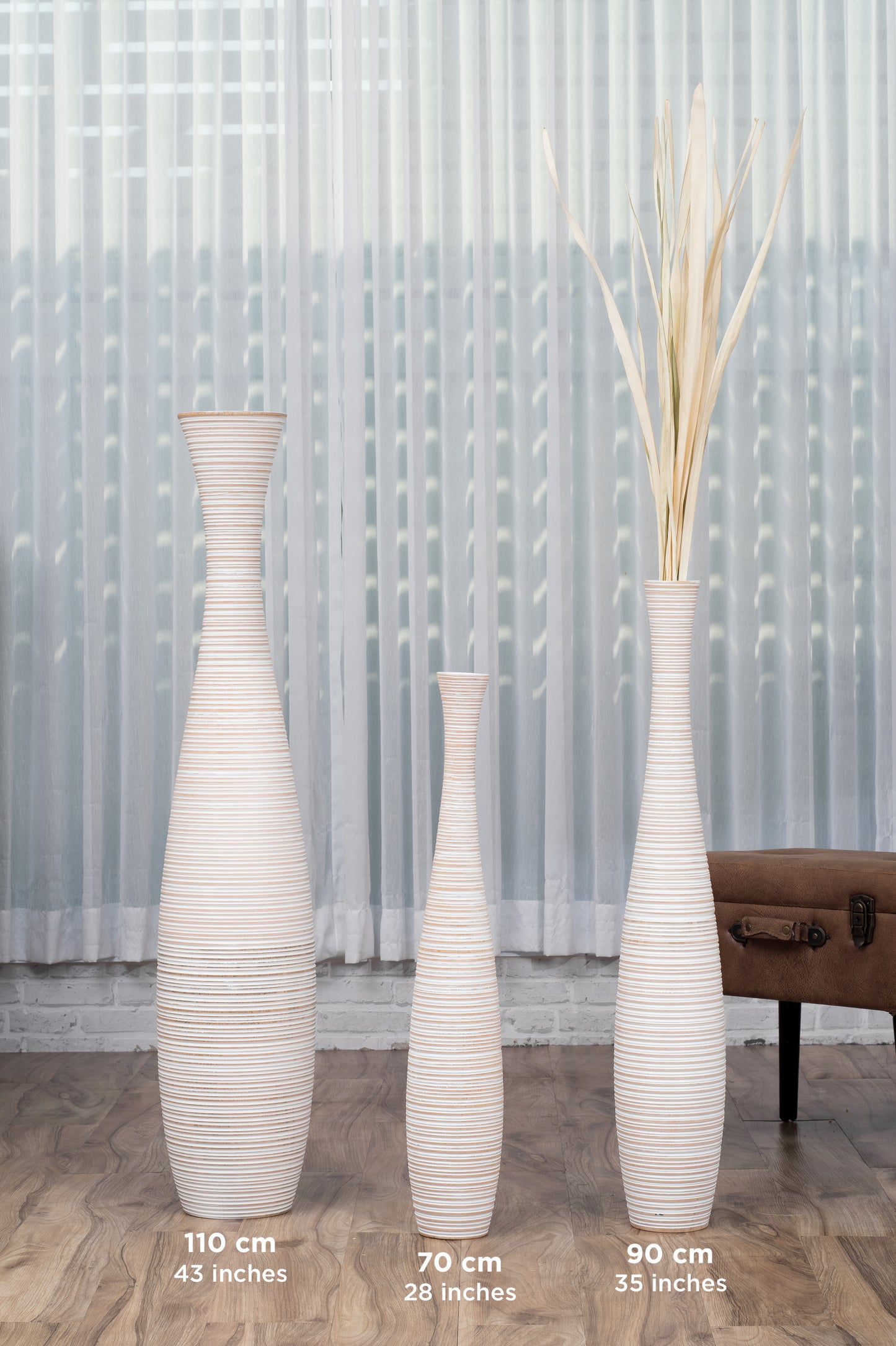 Large Mango Wood Floor Vase – Handcrafted Decorative Highlight from Thailand, white wash, 34 inches