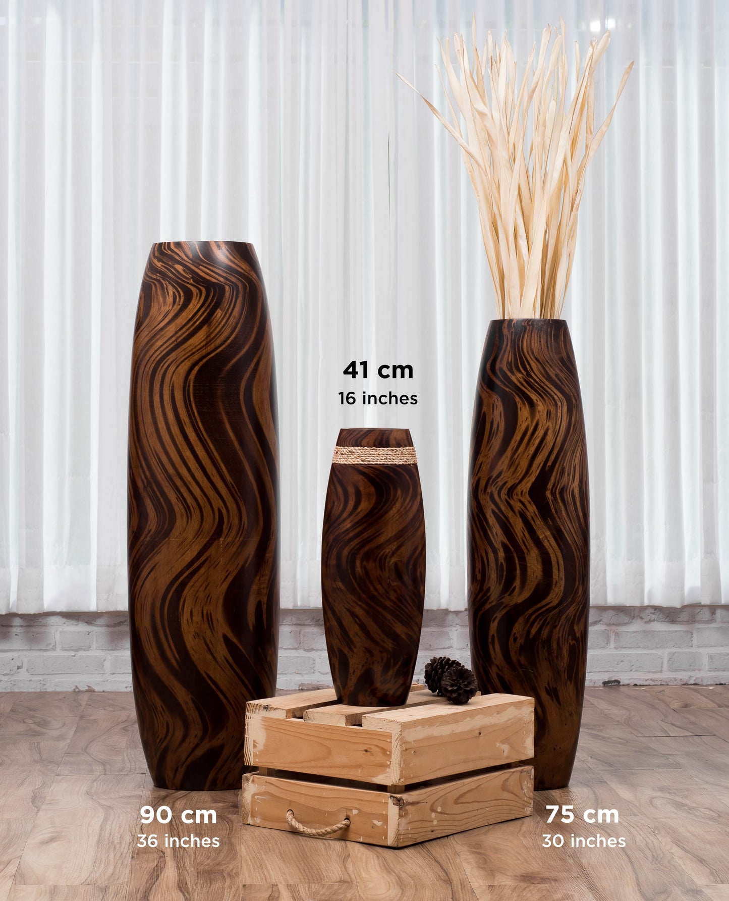 Large Mango Wood Floor Vase – Handcrafted Decorative Highlight from Thailand, brown, light brown, 26 inches