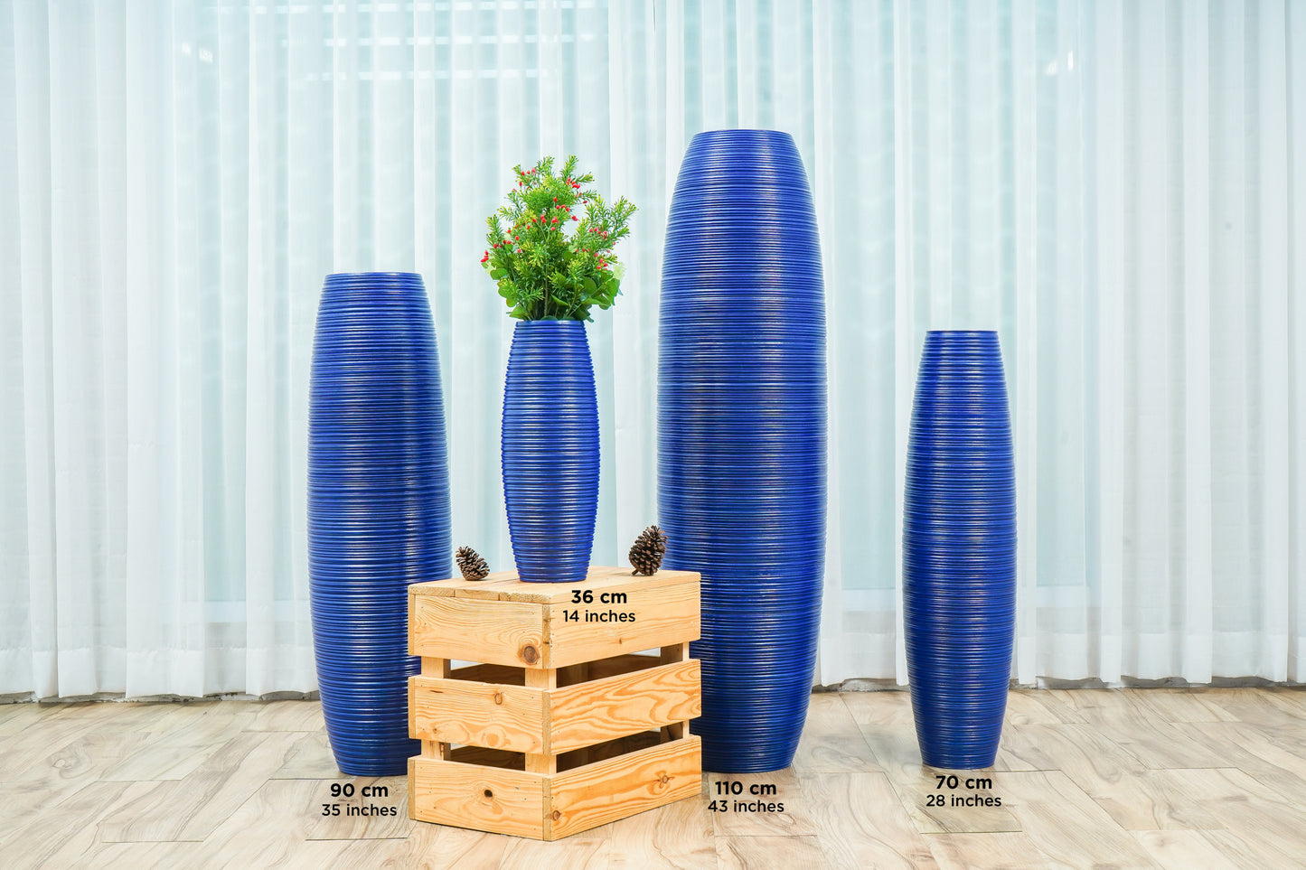 Large Mango Wood Floor Vase – Handcrafted Decorative Highlight from Thailand, blue, 34 inches