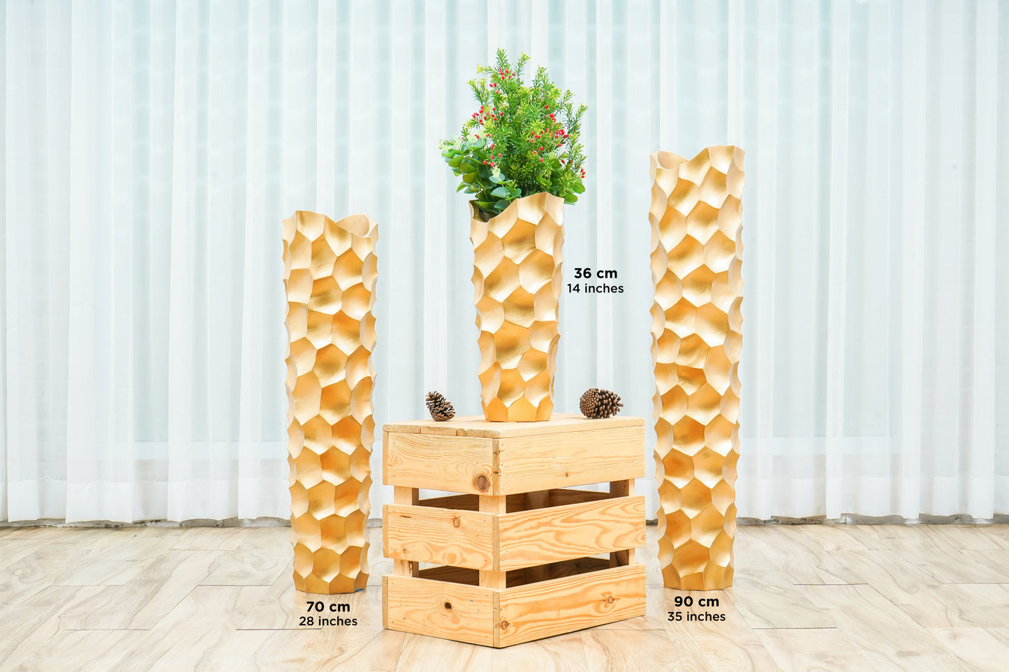 Large Mango Wood Floor Vase – Handcrafted Decorative Highlight from Thailand, gold, 26 inches