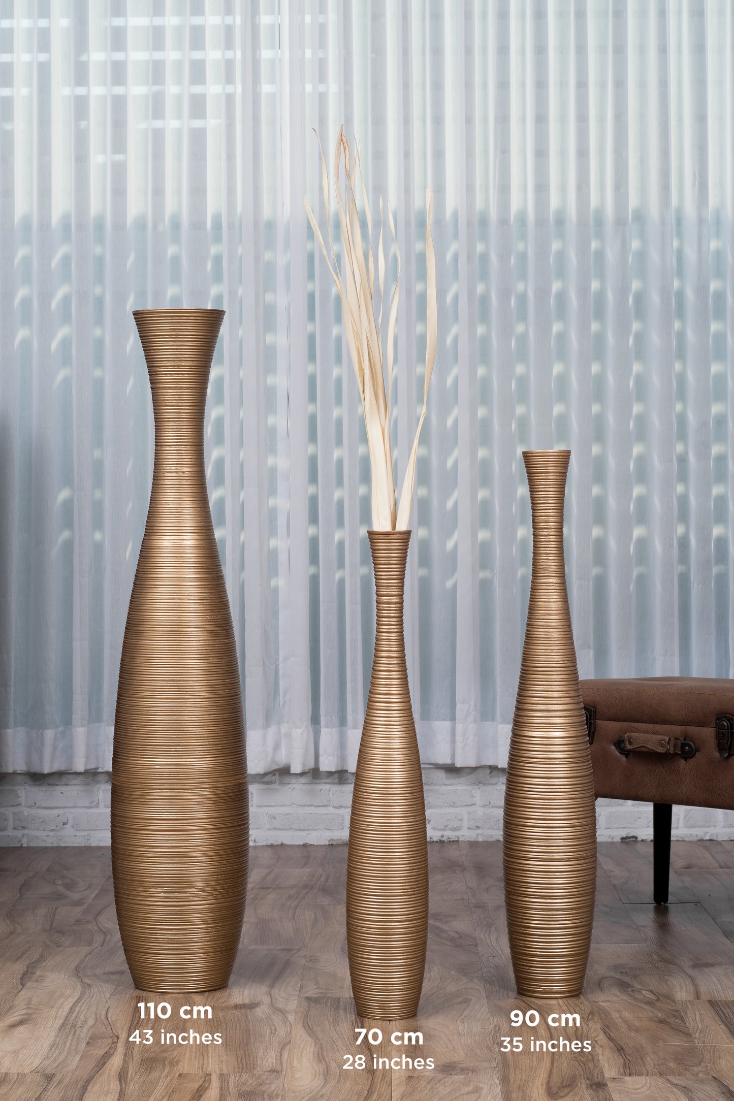 Large Mango Wood Floor Vase – Handcrafted Decorative Highlight from Thailand, gold, 34 inches