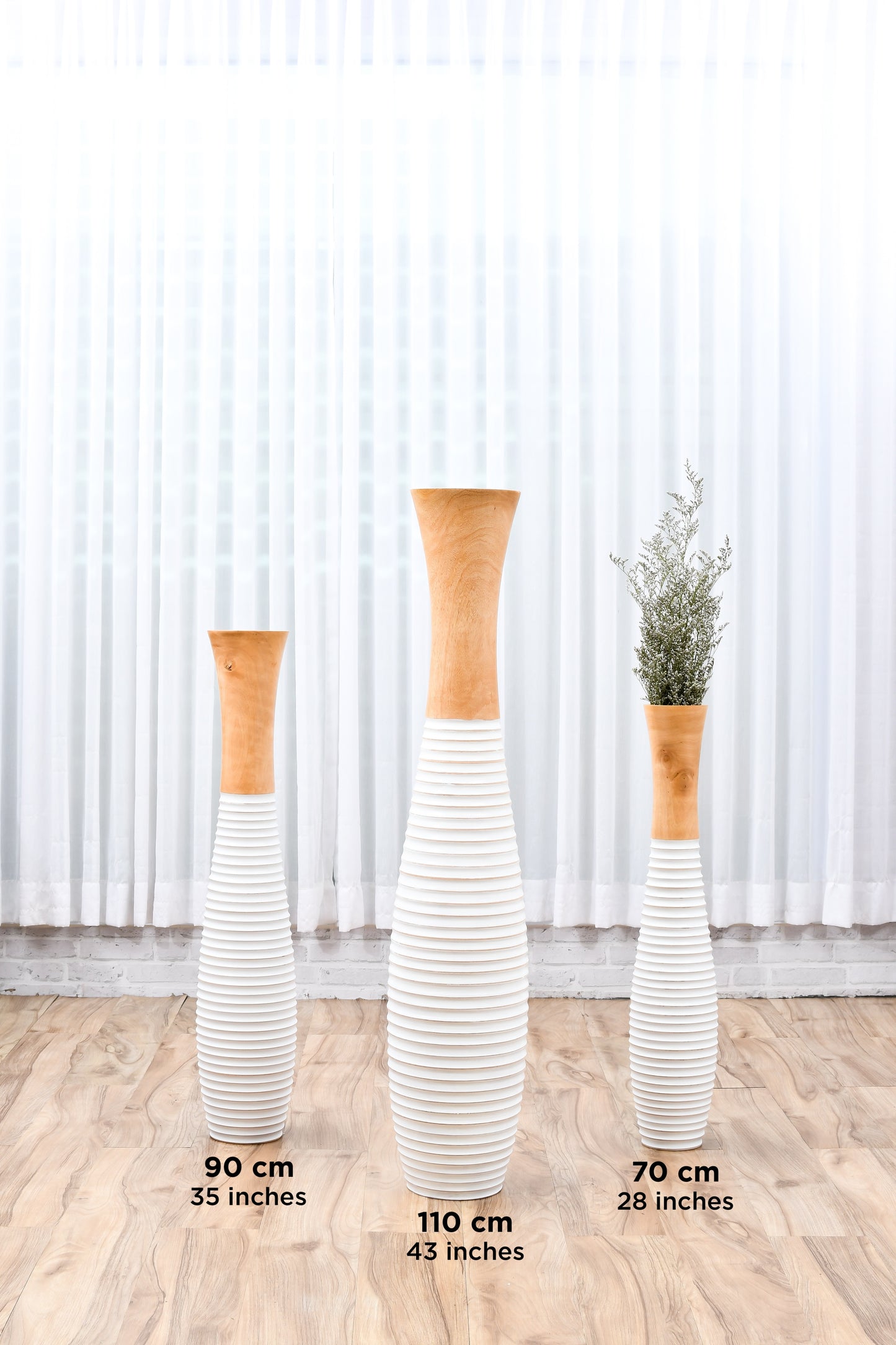 Large Mango Wood Floor Vase – Handcrafted Decorative Highlight from Thailand, white, ecru, 34 inches