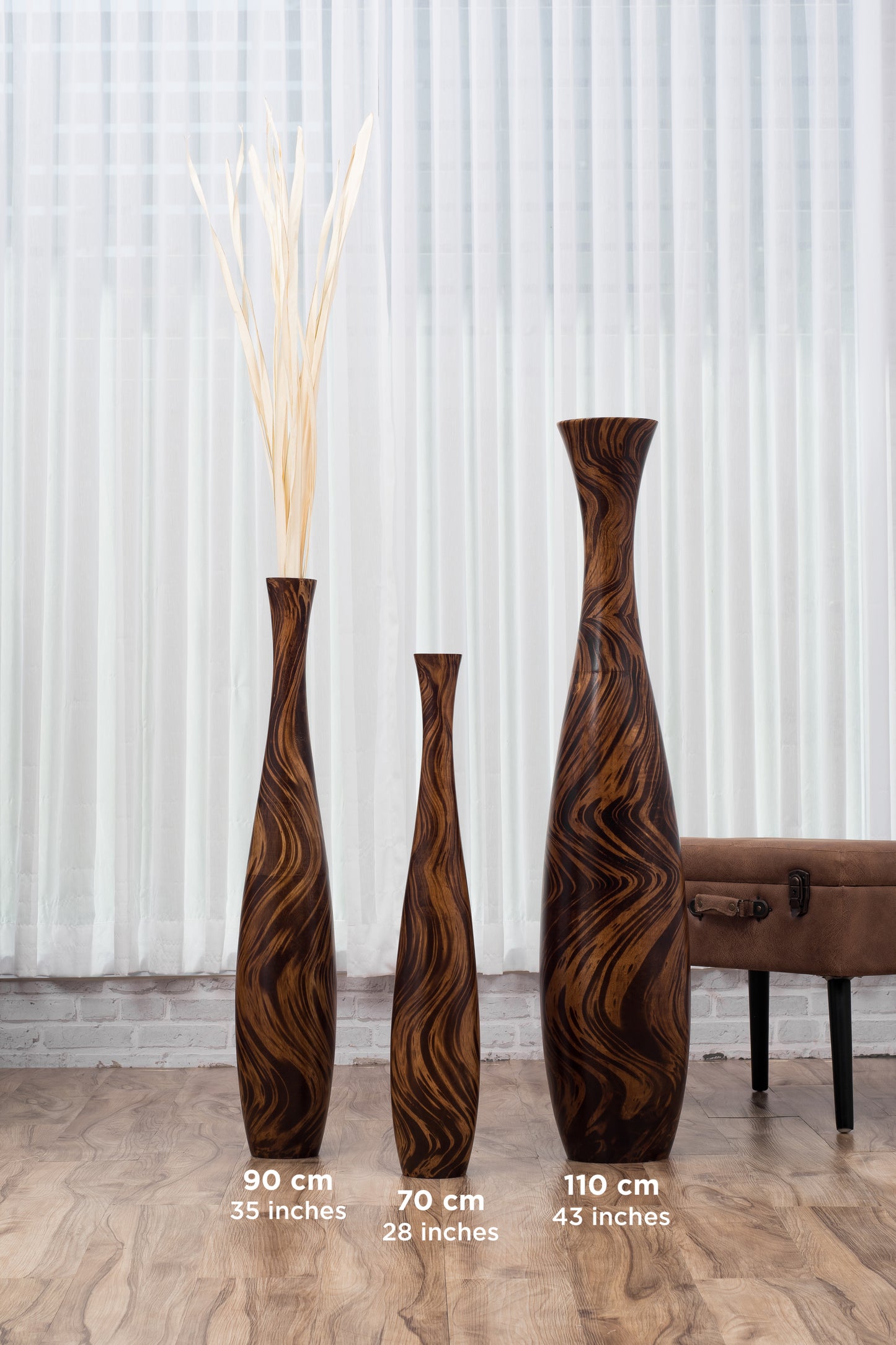 Large Mango Wood Floor Vase – Handcrafted Decorative Highlight from Thailand, brown, light brown, 34 inches