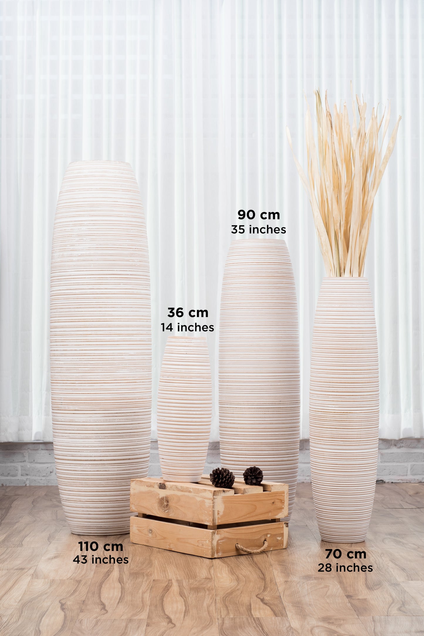 Large Mango Wood Floor Vase – Handcrafted Decorative Highlight from Thailand, white wash, 26 inches