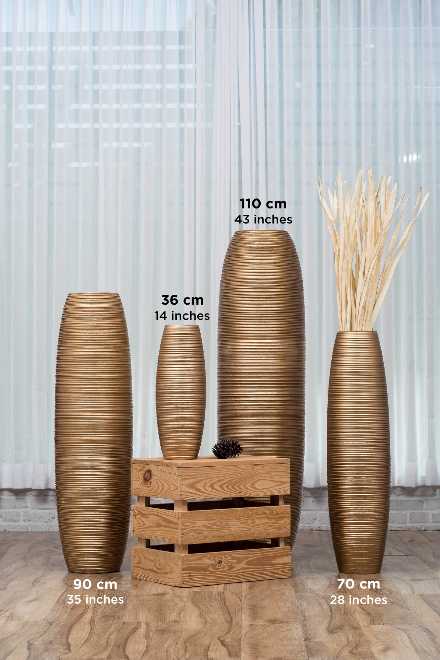 Large Mango Wood Floor Vase – Handcrafted Decorative Highlight from Thailand, gold, 41 inches