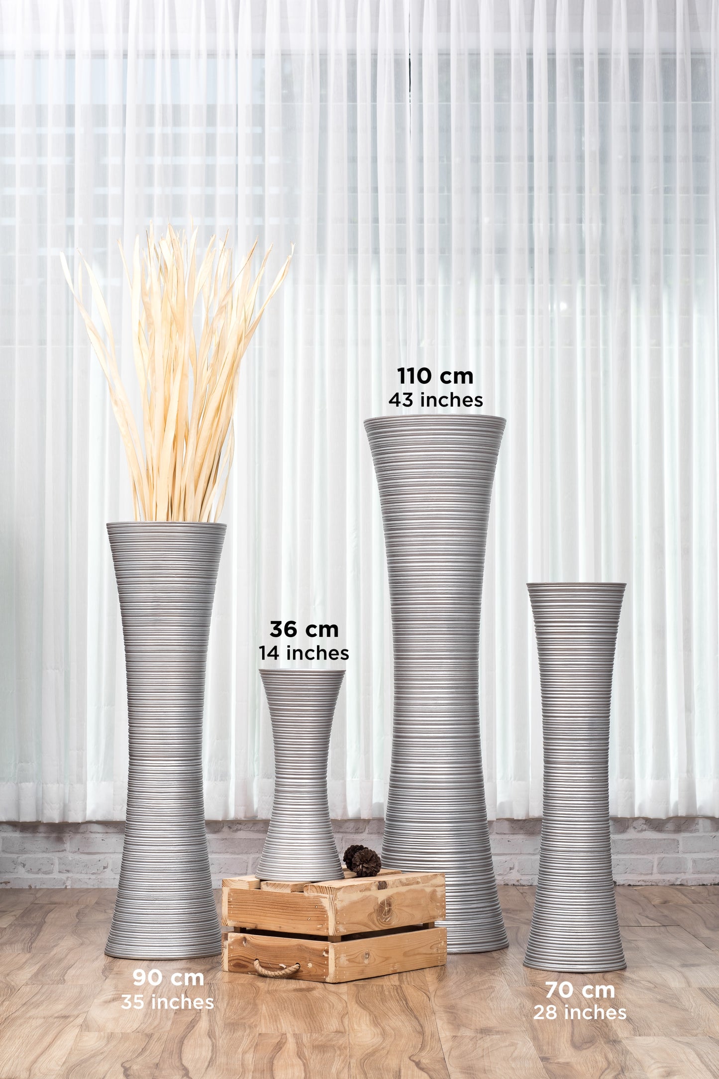 Large Mango Wood Floor Vase – Handcrafted Decorative Highlight from Thailand, silver, 26 inches