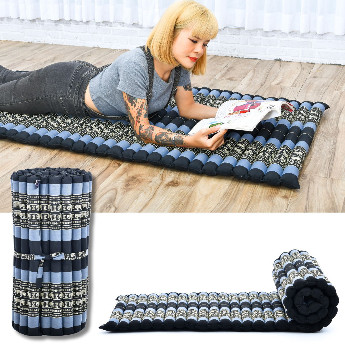 Kapok Roll-Up Mattress – Foldable Sleeping & Relax Mat with Cotton Cover for Home & Outdoor Use, Sf15 - Blue, M: 75x28