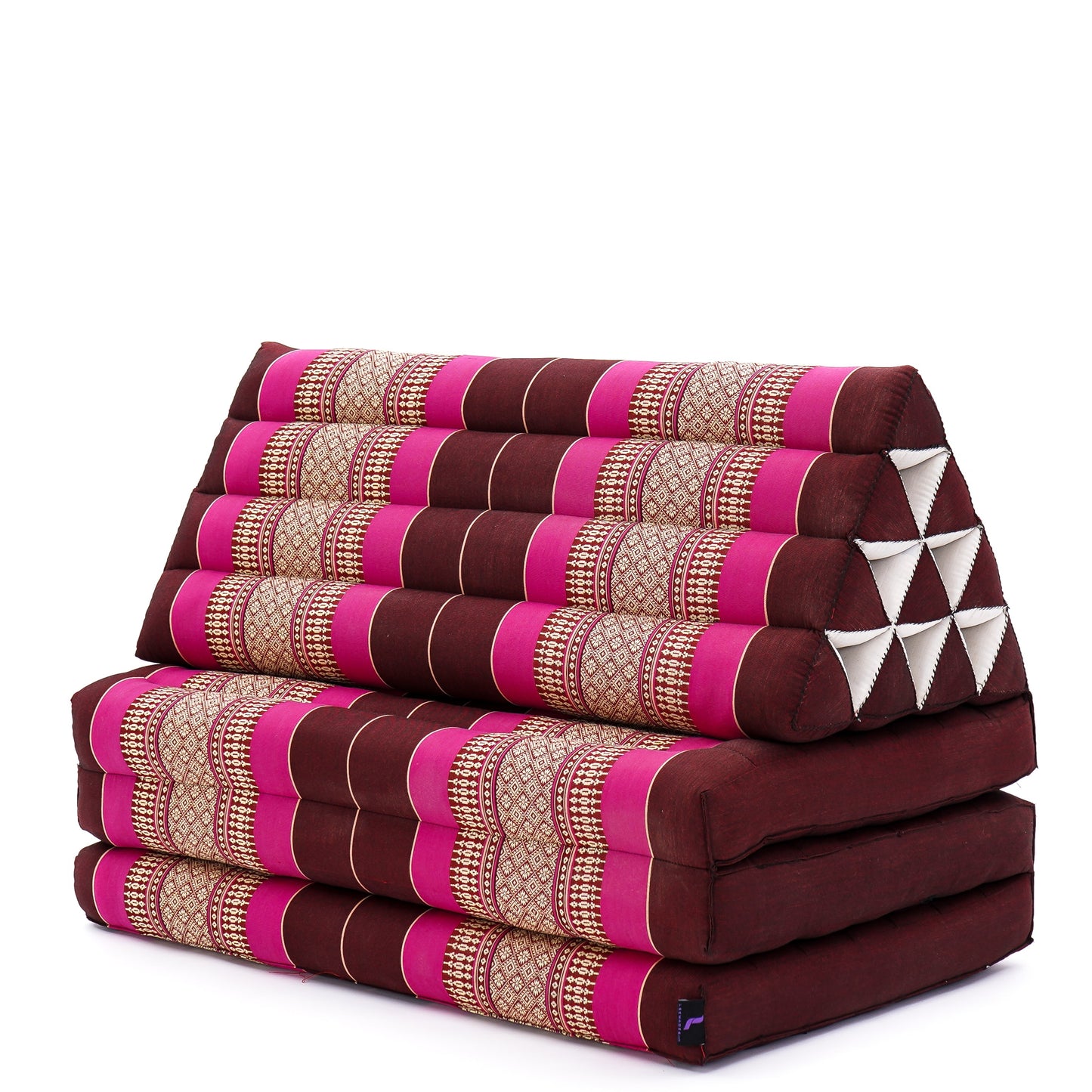 Extra Long Thai Folding Mat with Triangle Cushion – Handmade Kapok Relax Mat with Extended Surface, Sf29 - Auburn, Pink, 3 seating segments XL