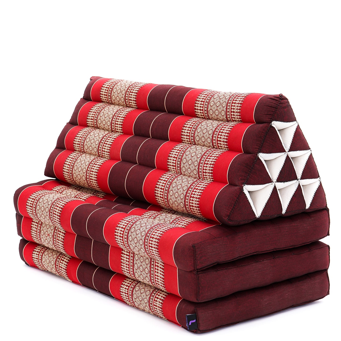Extra Long Thai Folding Mat with Triangle Cushion – Handmade Kapok Relax Mat with Extended Surface, Sf24 - Red, Brown, 3 seating segments XL