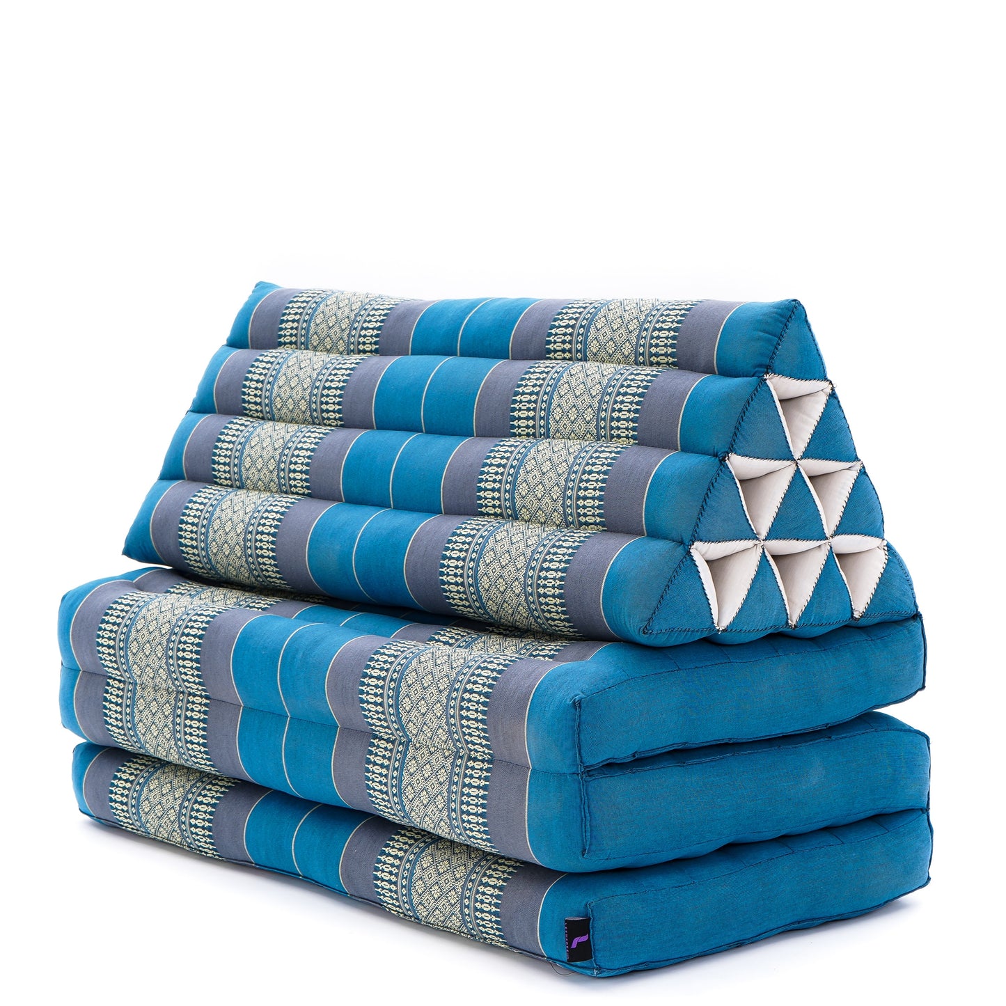 Extra Long Thai Folding Mat with Triangle Cushion – Handmade Kapok Relax Mat with Extended Surface, Sf22 - Blue, 3 seating segments XL