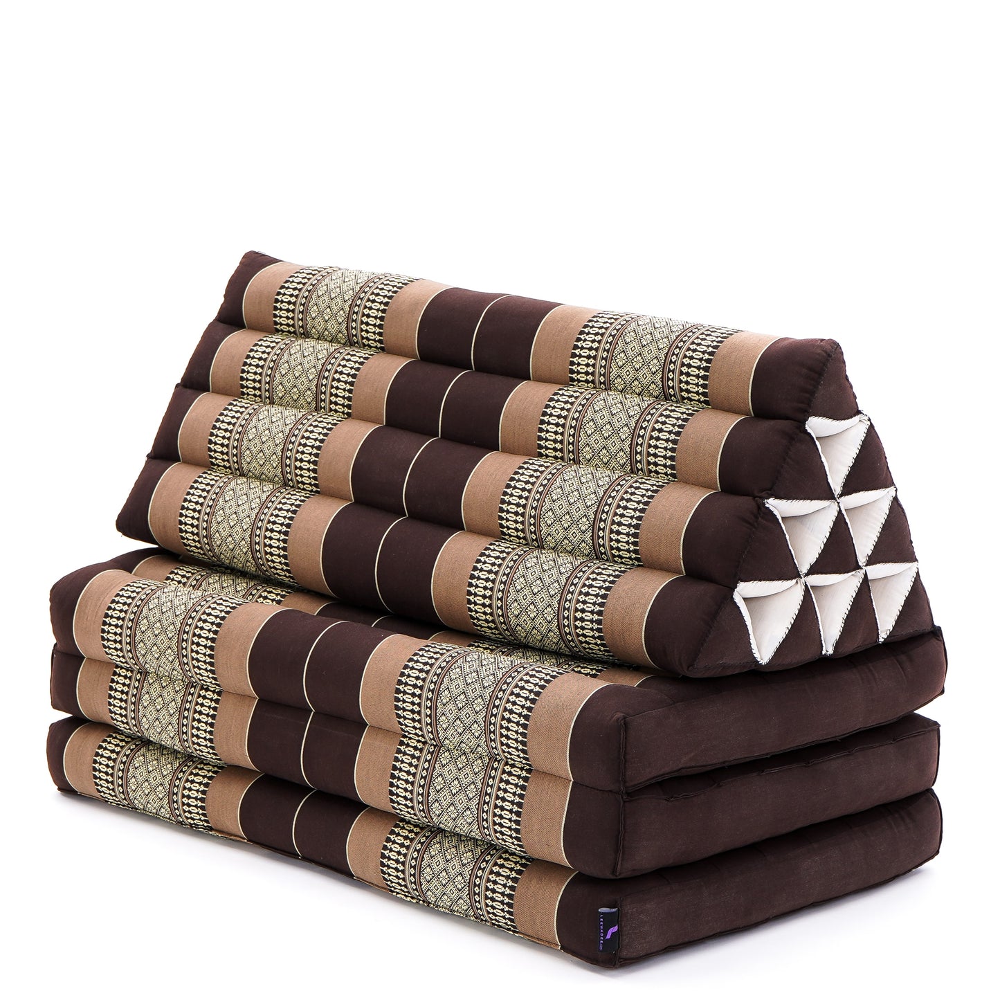 Extra Long Thai Folding Mat with Triangle Cushion – Handmade Kapok Relax Mat with Extended Surface, Sf10 - Brown, 3 seating segments XL