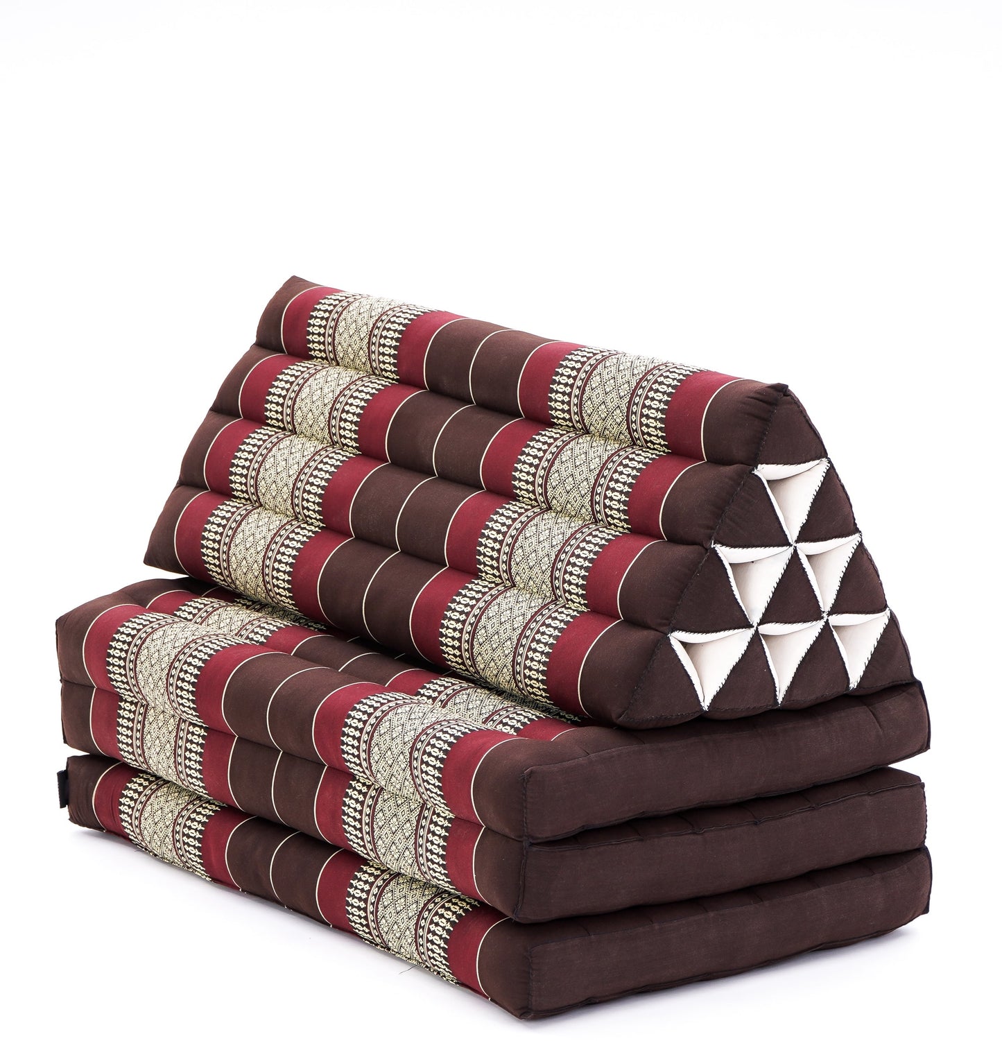 Extra Long Thai Folding Mat with Triangle Cushion – Handmade Kapok Relax Mat with Extended Surface, Sf19 - Red, Brown, 3 seating segments XL
