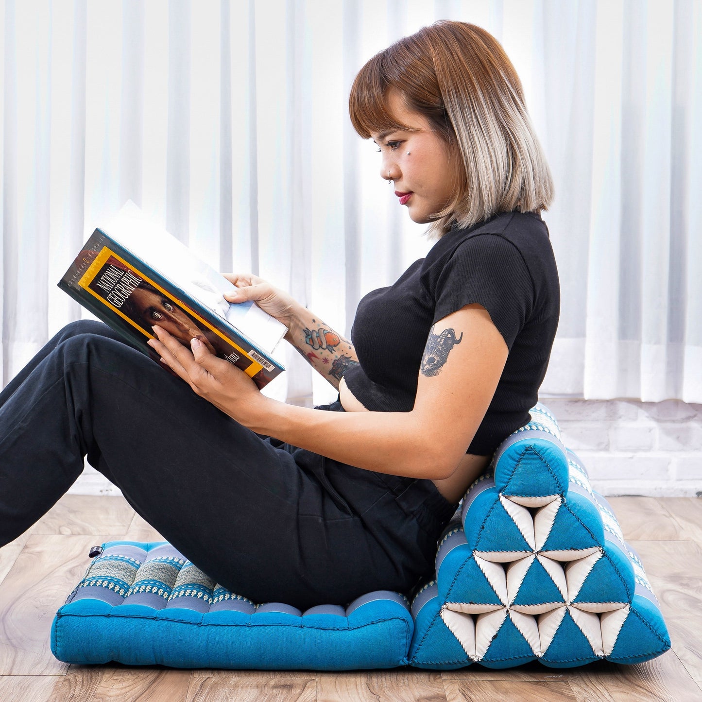 Extra Long Thai Folding Mat with Triangle Cushion – Handmade Kapok Relax Mat with Extended Surface, Sf22 - Blue, 1 seating segment