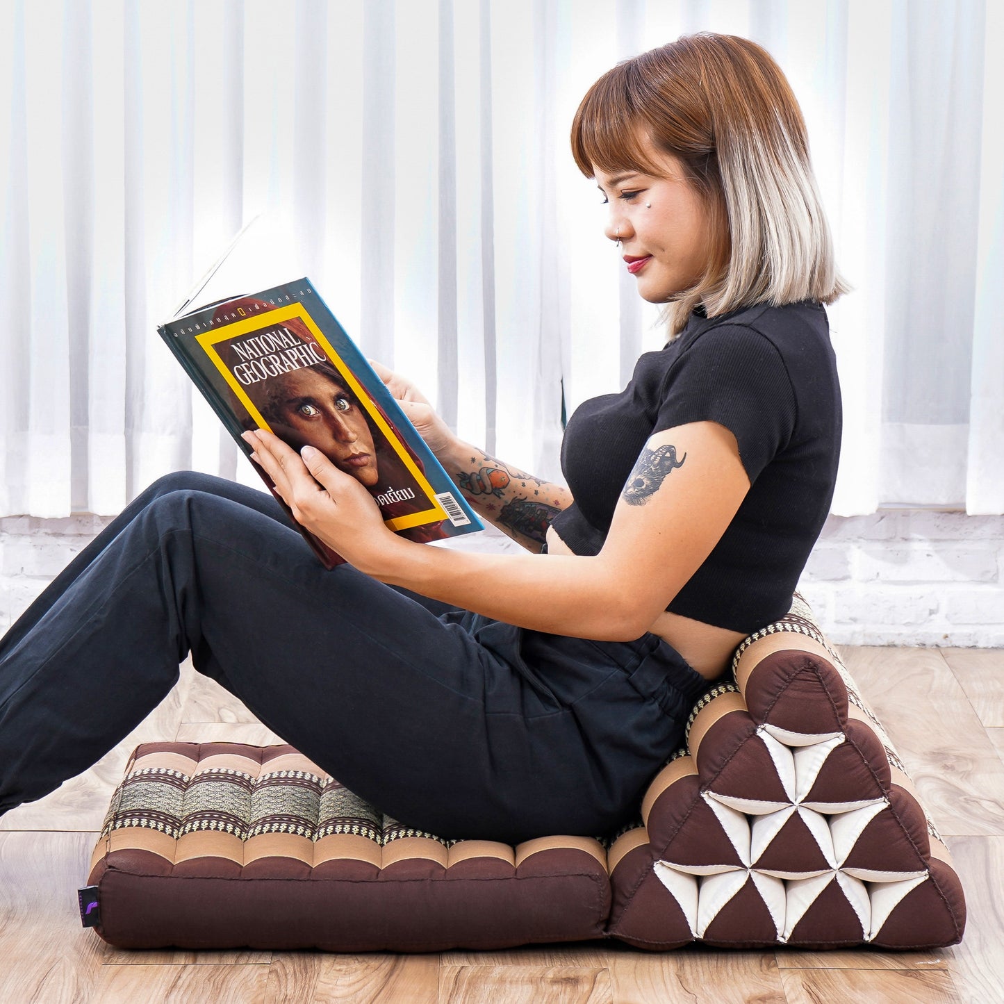 Triangular Kapok Backrest Cushion – Firm Thai Reading Pillow with Cotton Cover in Plain or Patterned Designs, Sf10 - Brown, 1 seating segment