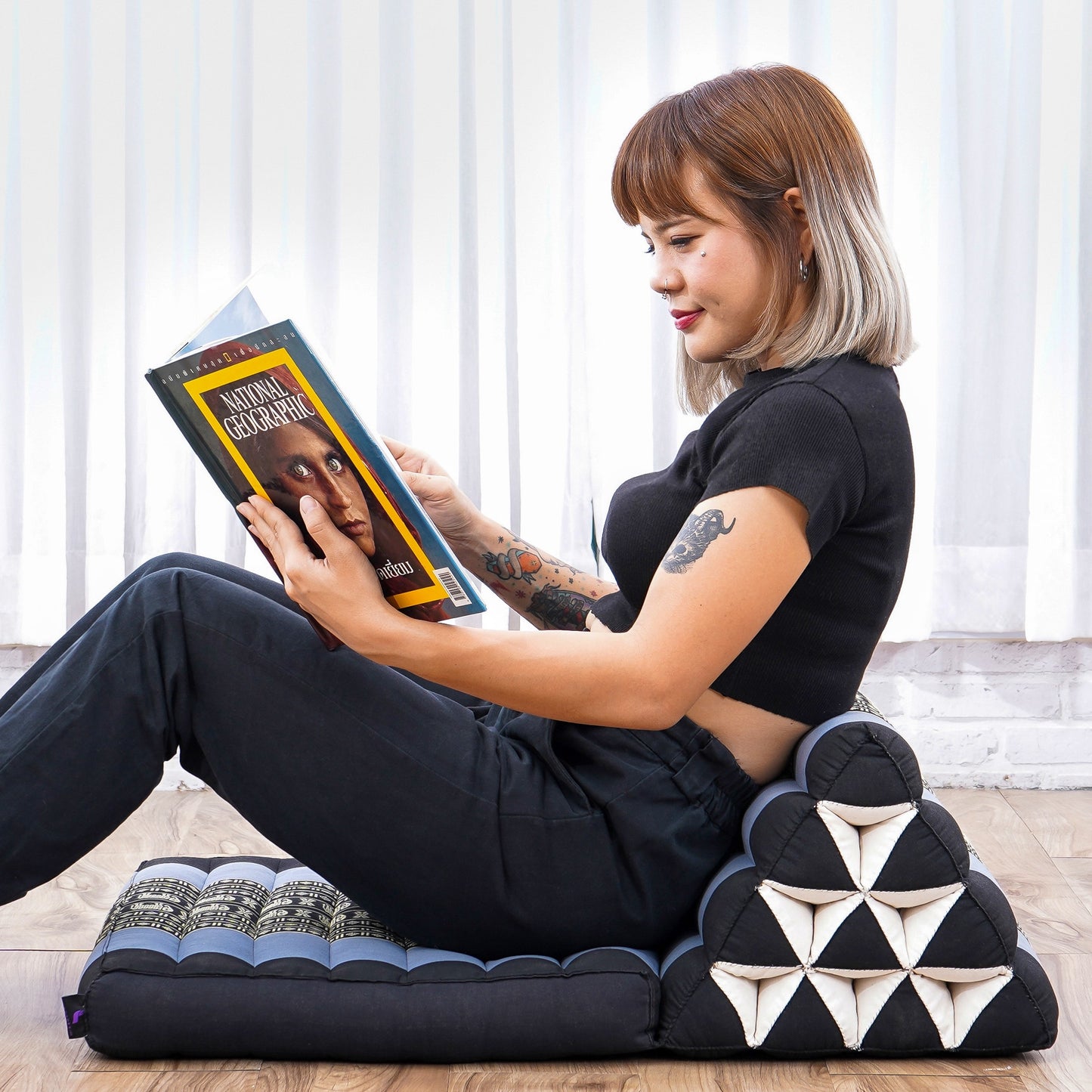 Triangular Kapok Backrest Cushion – Firm Thai Reading Pillow with Cotton Cover in Plain or Patterned Designs, Sf15 - Blue, 1 seating segment