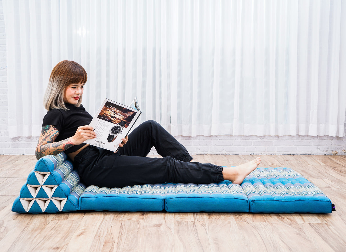 Extra Long Thai Folding Mat with Triangle Cushion – Handmade Kapok Relax Mat with Extended Surface, Sf22 - Blue, 3 seating segments XL
