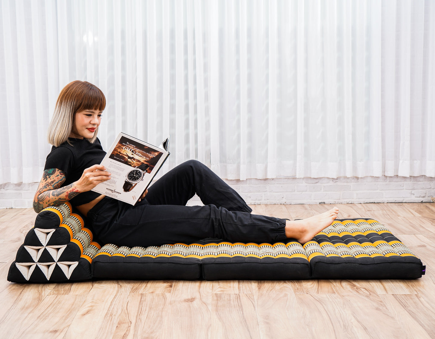 Extra Long Thai Folding Mat with Triangle Cushion – Handmade Kapok Relax Mat with Extended Surface, Sf03 - Black, Orange, 3 seating segments XL