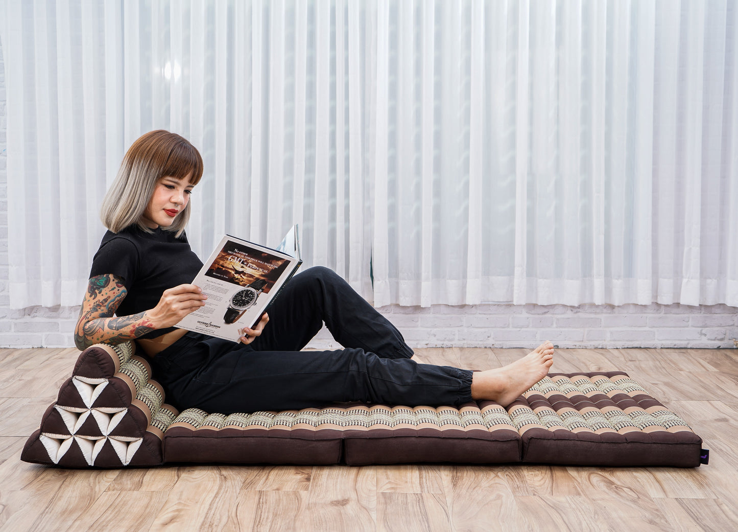 Extra Long Thai Folding Mat with Triangle Cushion – Handmade Kapok Relax Mat with Extended Surface, Sf10 - Brown, 3 seating segments XL