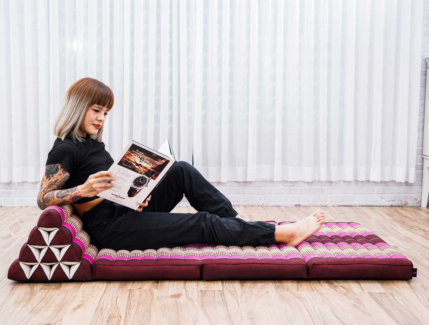 Extra Long Thai Folding Mat with Triangle Cushion – Handmade Kapok Relax Mat with Extended Surface, Sf29 - Auburn, Pink, 3 seating segments XL