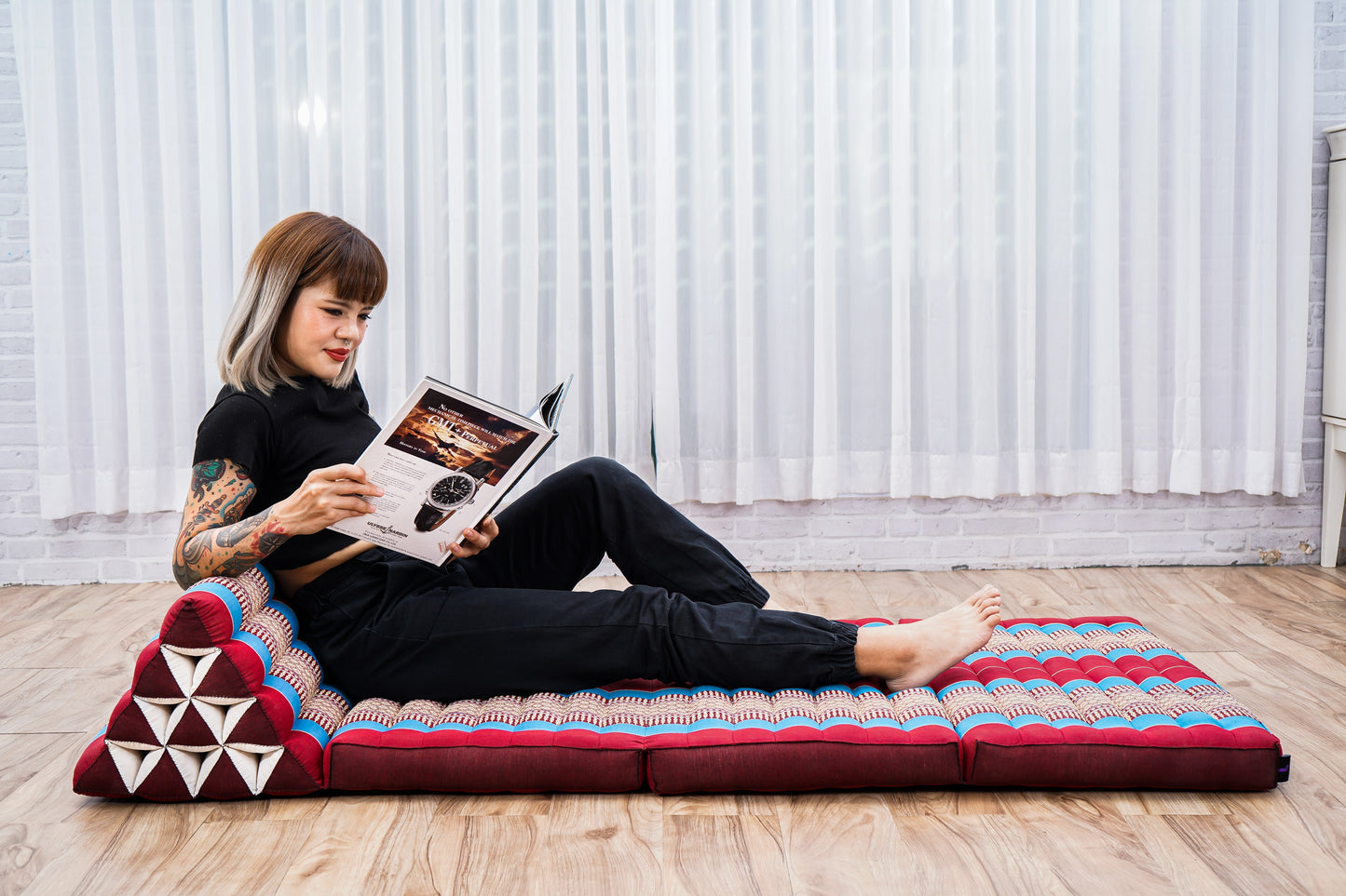 Extra Long Thai Folding Mat with Triangle Cushion – Handmade Kapok Relax Mat with Extended Surface, Sf27 - Blue, Red, 3 seating segments XL