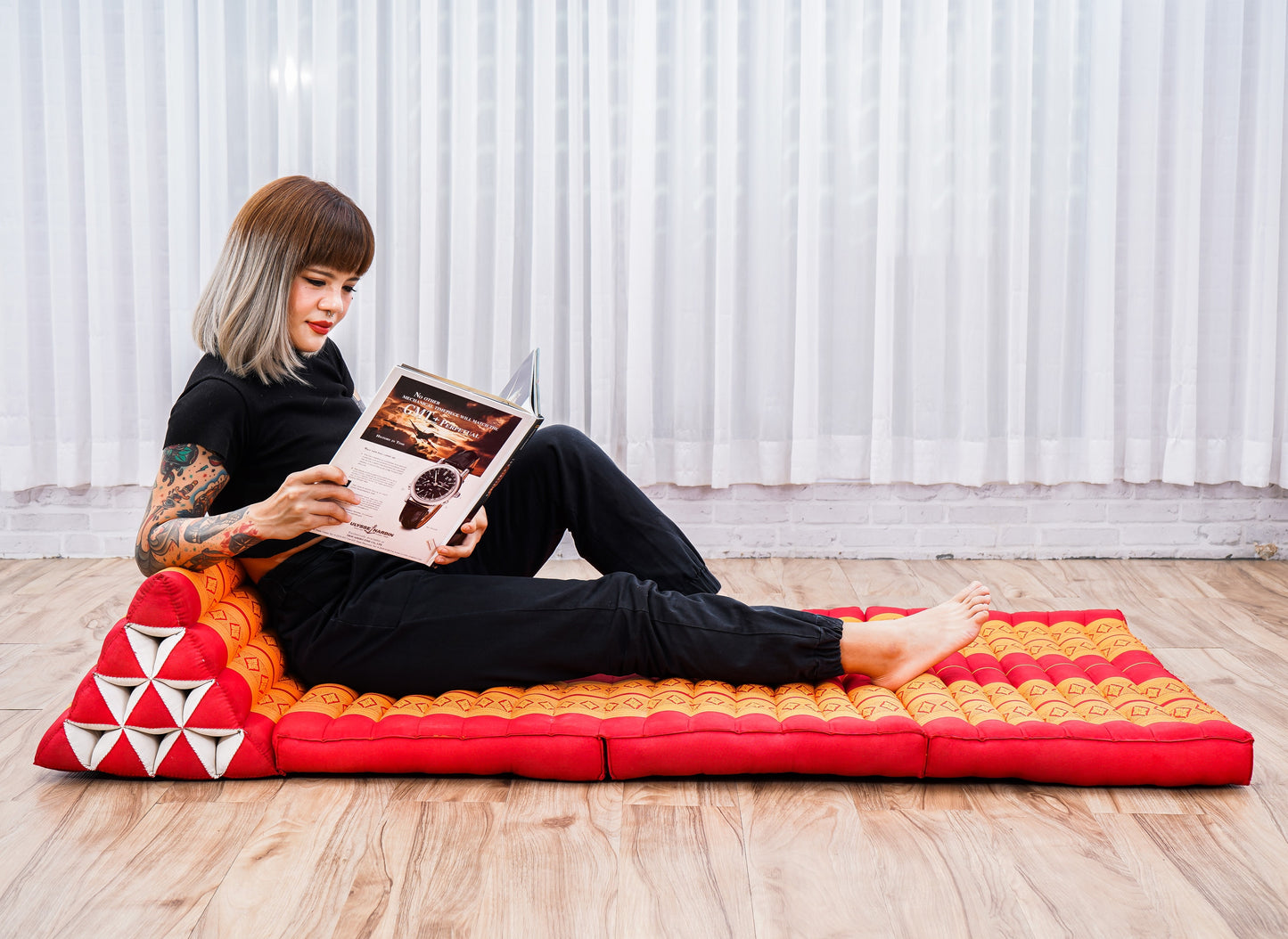 Extra Long Thai Folding Mat with Triangle Cushion – Handmade Kapok Relax Mat with Extended Surface, Sf02 - Orange, 3 seating segments XL