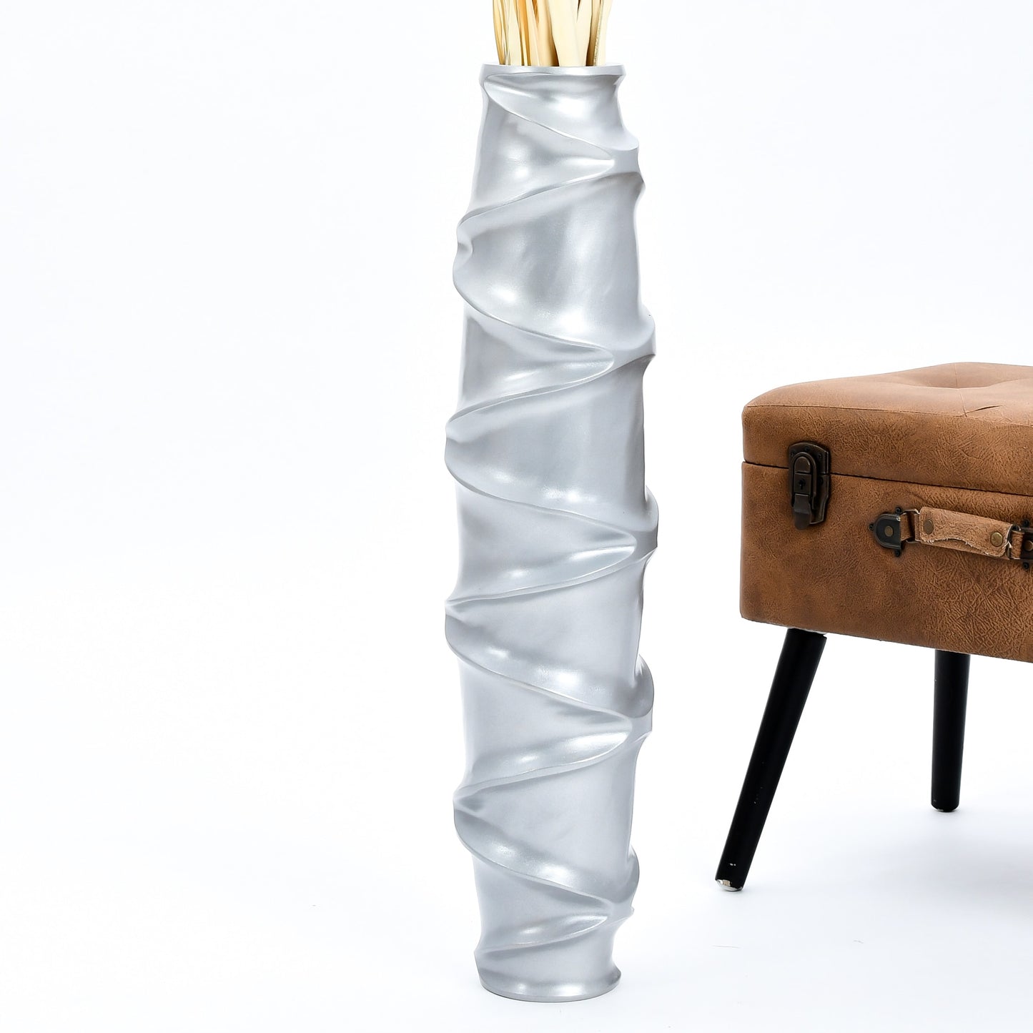 Large Mango Wood Floor Vase – Handcrafted Decorative Highlight from Thailand, silver, 26 inches