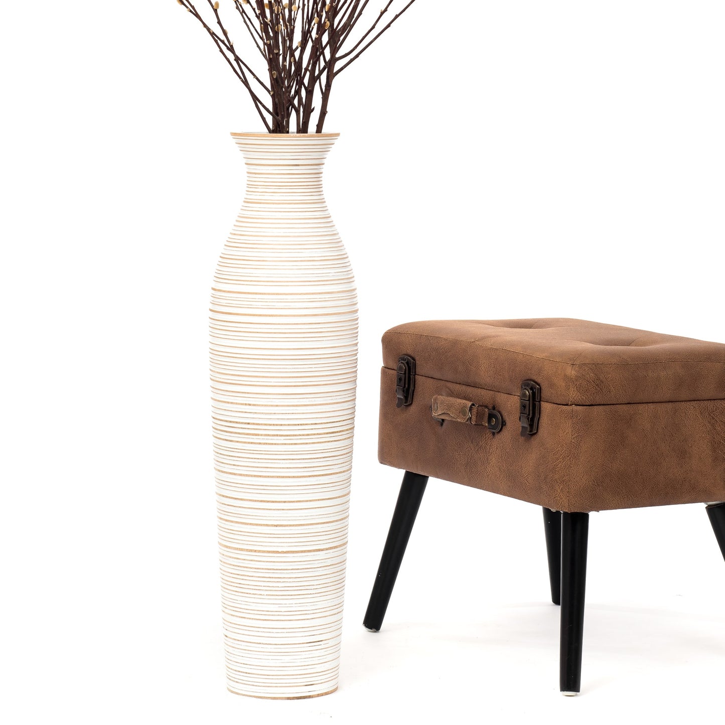 Large Mango Wood Floor Vase – Handcrafted Decorative Highlight from Thailand, white wash, 26 inches