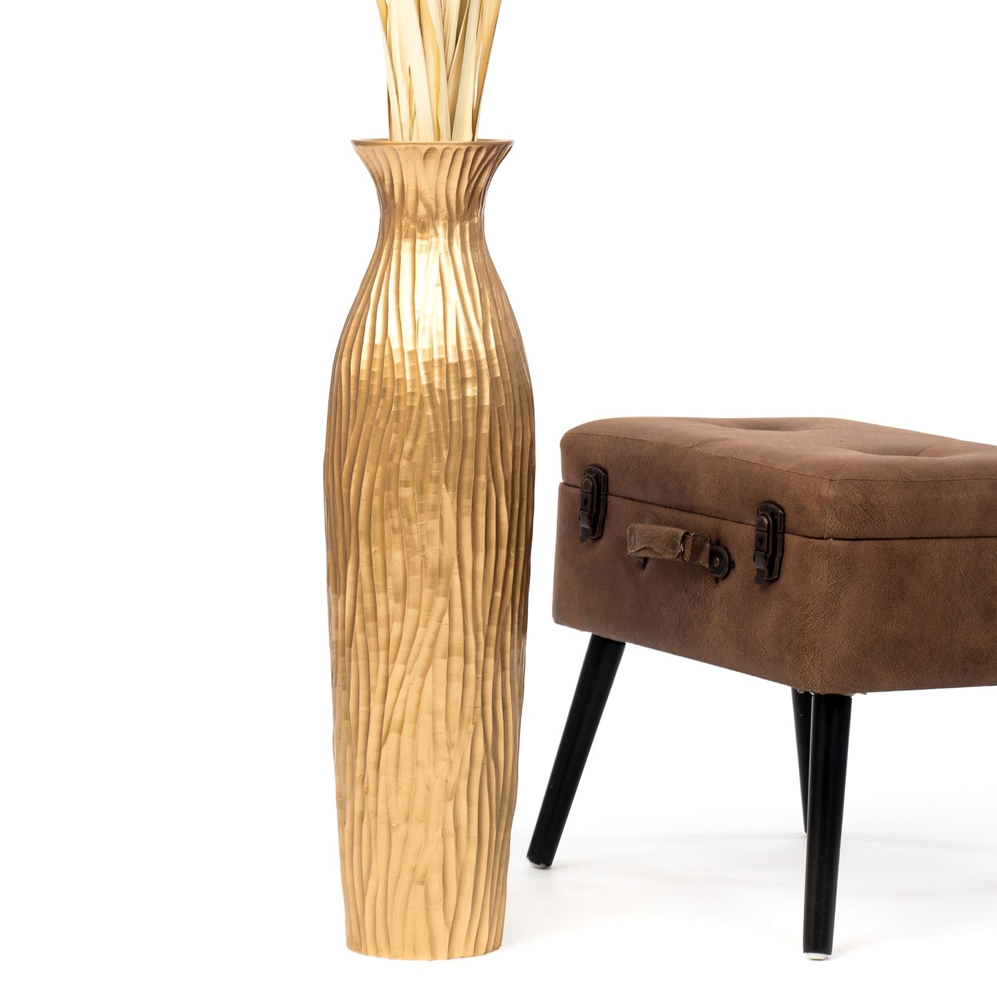 Large Mango Wood Floor Vase – Handcrafted Decorative Highlight from Thailand, gold, 26 inches