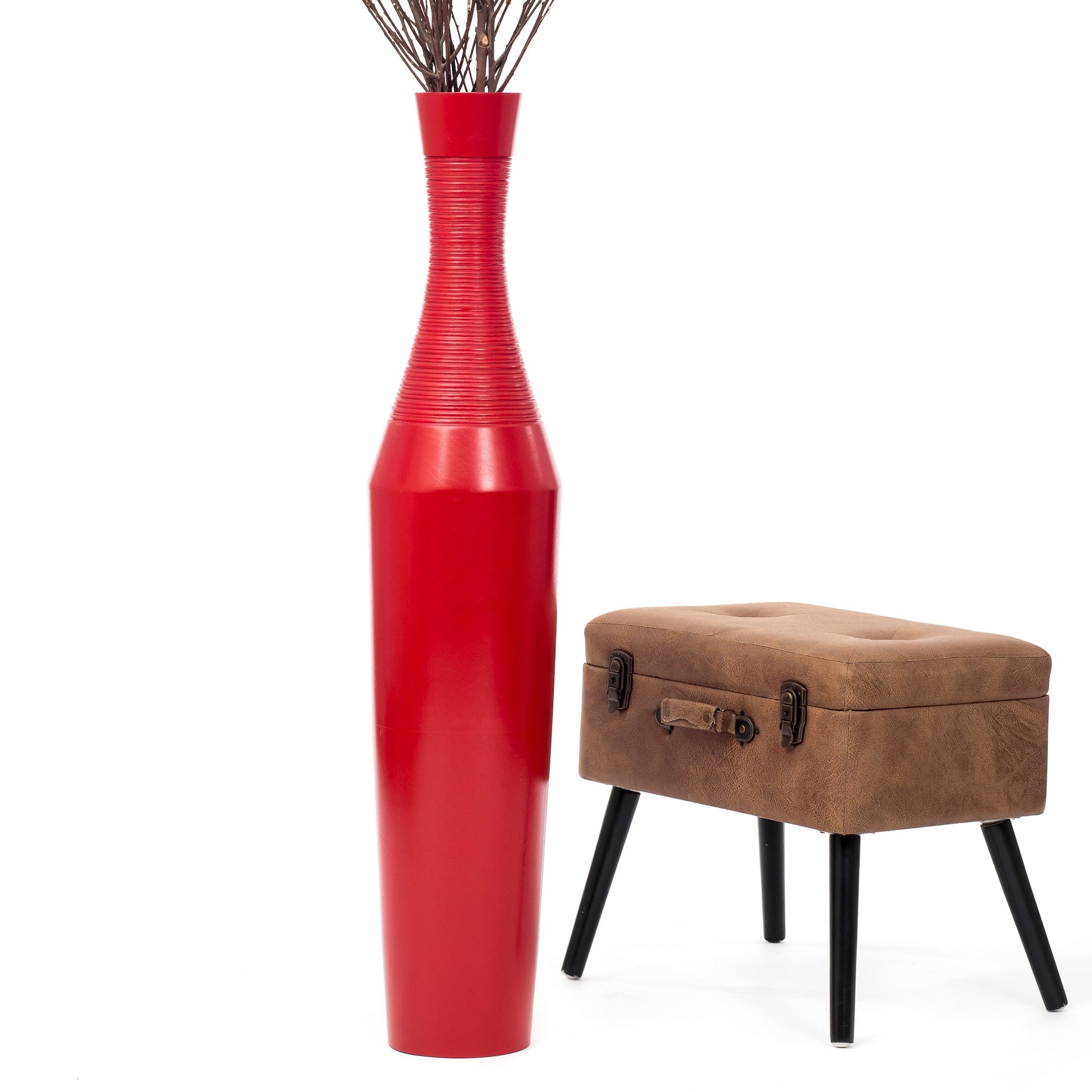 Large Mango Wood Floor Vase – Handcrafted Decorative Highlight from Thailand, red, 41 inches