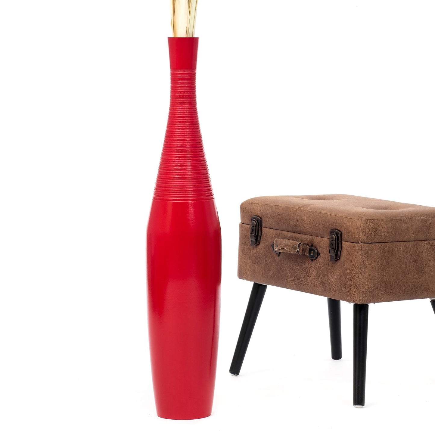 Large Mango Wood Floor Vase – Handcrafted Decorative Highlight from Thailand, red, 34 inches