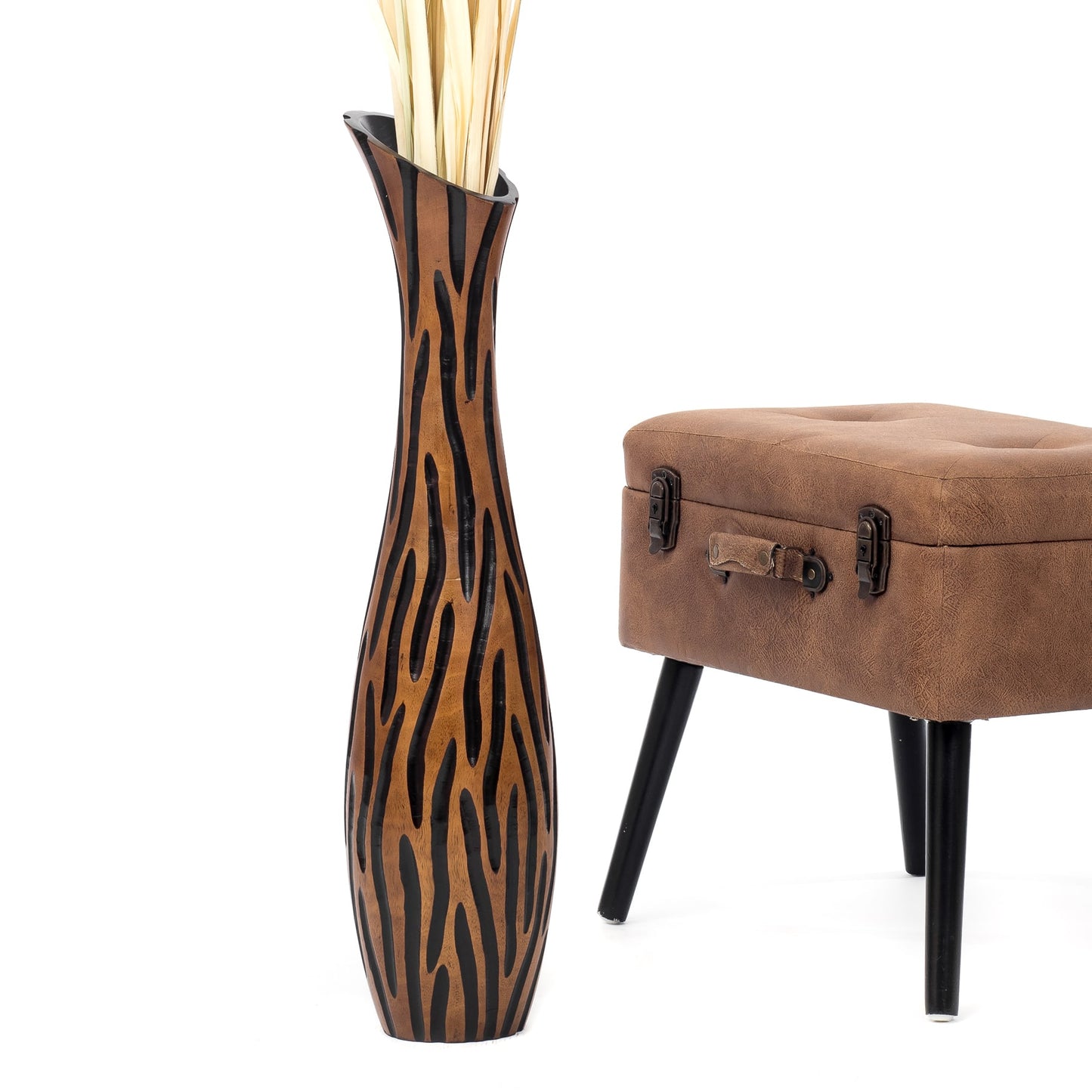 Large Mango Wood Floor Vase – Handcrafted Decorative Highlight from Thailand, brown, black, 26 inches