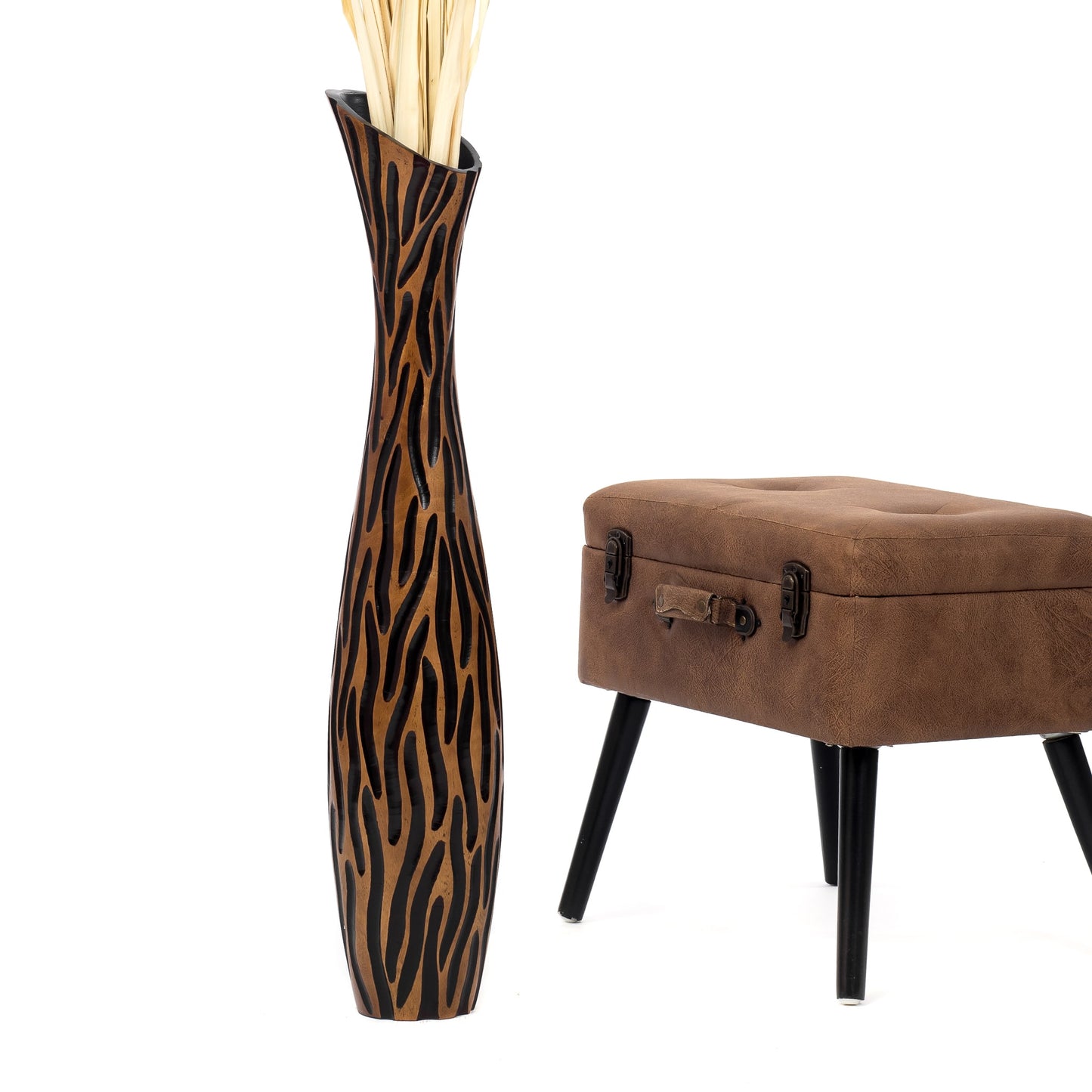 Large Mango Wood Floor Vase – Handcrafted Decorative Highlight from Thailand, brown, black, 34 inches