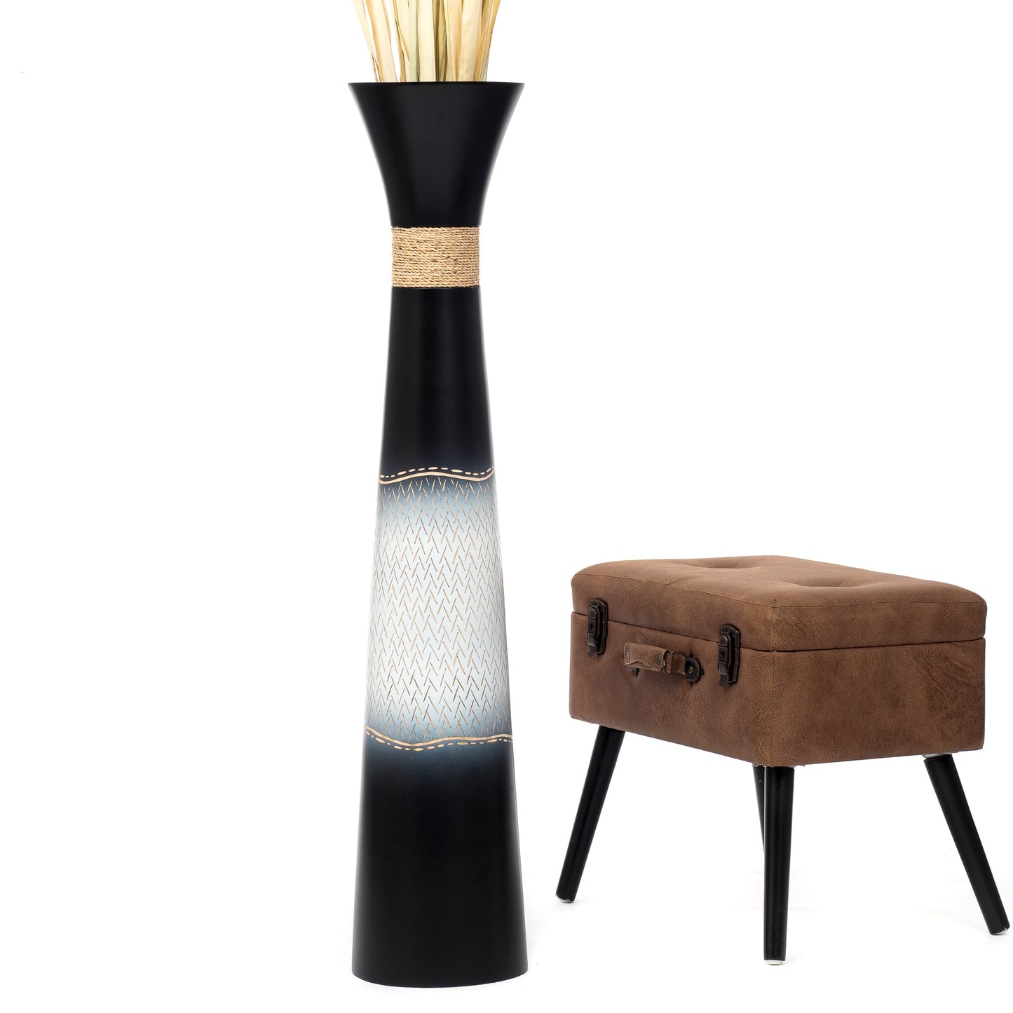 Large Mango Wood Floor Vase – Handcrafted Decorative Highlight from Thailand, black, white, 41 inches