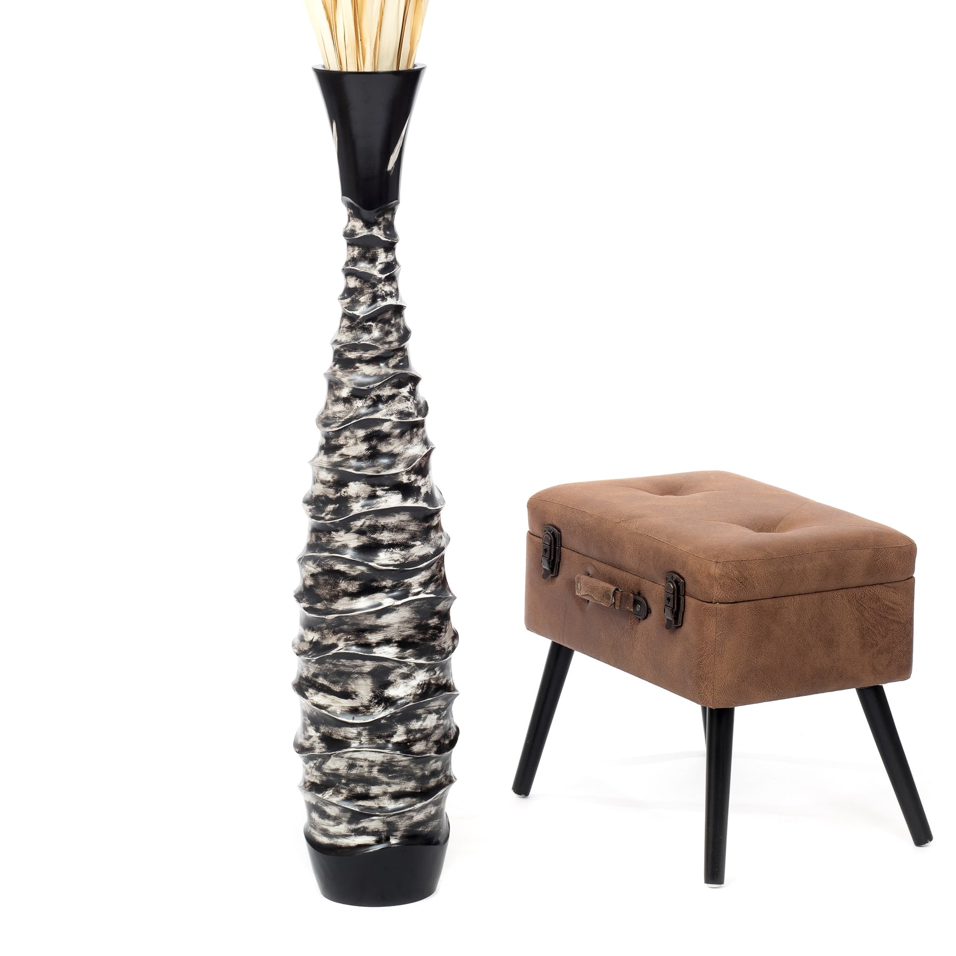 Large Mango Wood Floor Vase – Handcrafted Decorative Highlight from Thailand, black, white, 41 inches