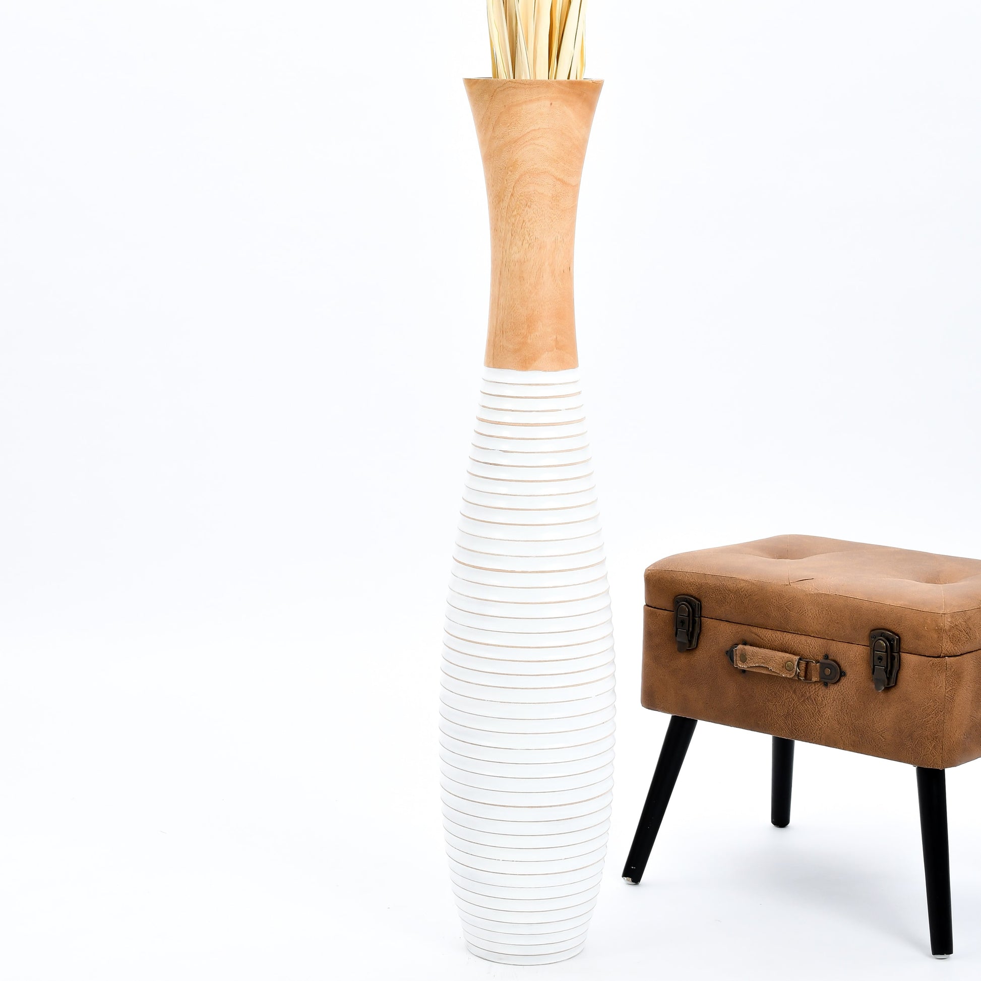 Large Mango Wood Floor Vase – Handcrafted Decorative Highlight from Thailand, white, ecru, 41 inches