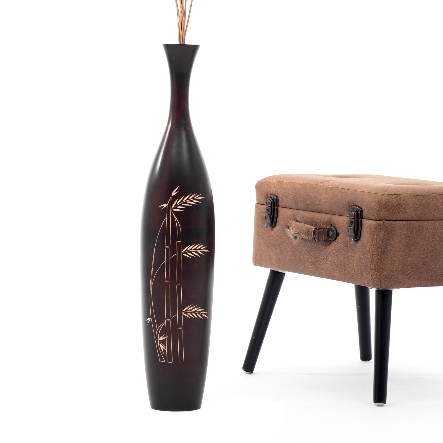 Large Mango Wood Floor Vase – Handcrafted Decorative Highlight from Thailand, brown, 26 inches