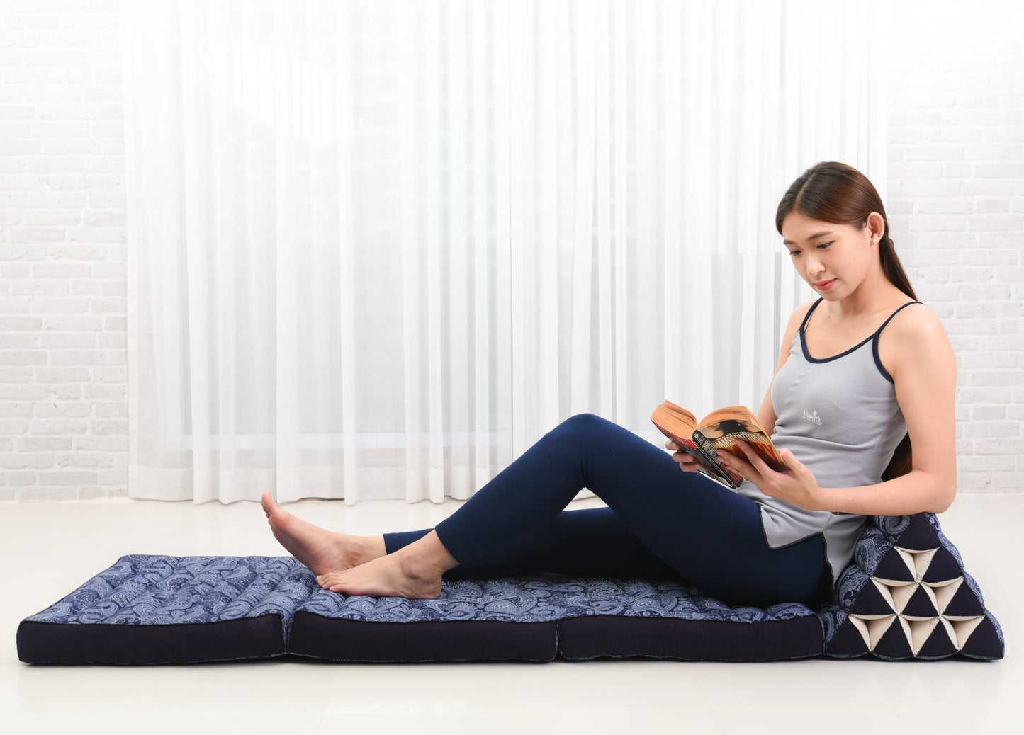 Extra Long Thai Folding Mat with Triangle Cushion – Handmade Kapok Relax Mat with Extended Surface, Cbt1 - Blue, 3 seating segments