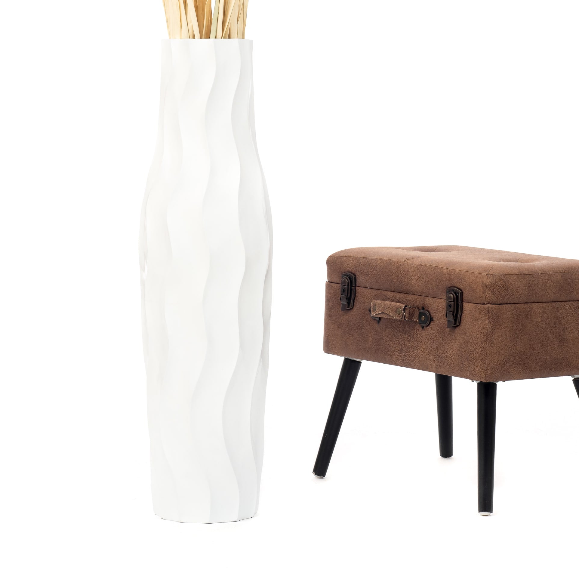 Large Mango Wood Floor Vase – Handcrafted Decorative Highlight from Thailand, white, 34 inches