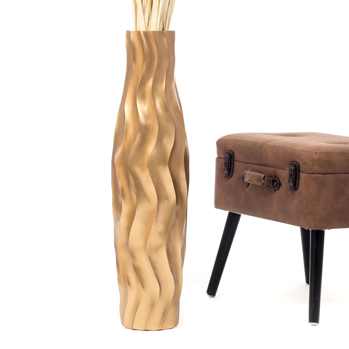 Large Mango Wood Floor Vase – Handcrafted Decorative Highlight from Thailand, gold, 26 inches