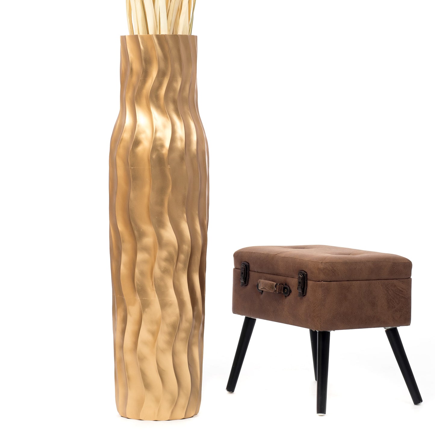 Large Mango Wood Floor Vase – Handcrafted Decorative Highlight from Thailand, gold, 41 inches