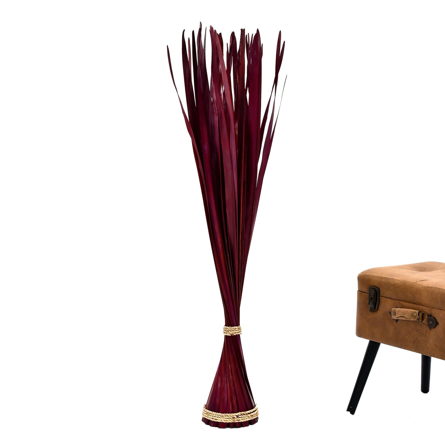 Freestanding Dried Grass Bundle – Natural Floor Decoration with Raffia Band, bordeaux, Palm Leaf- 120 cm