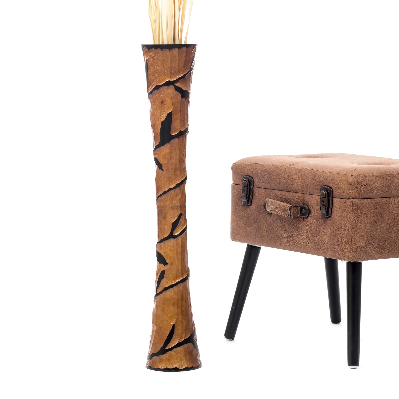Large Mango Wood Floor Vase – Handcrafted Decorative Highlight from Thailand, brown, black, 26 inches