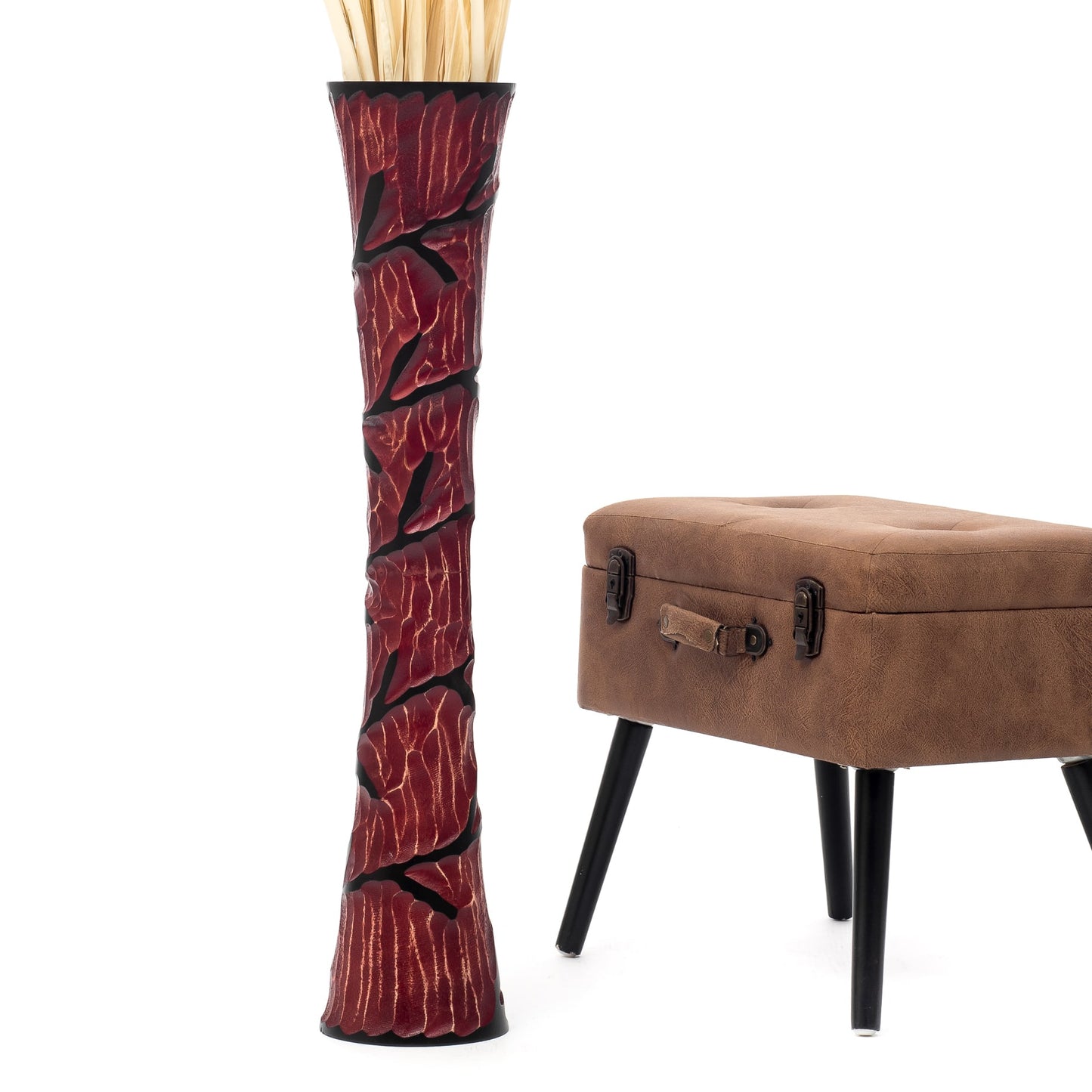 Large Mango Wood Floor Vase – Handcrafted Decorative Highlight from Thailand, red, black, 34 inches