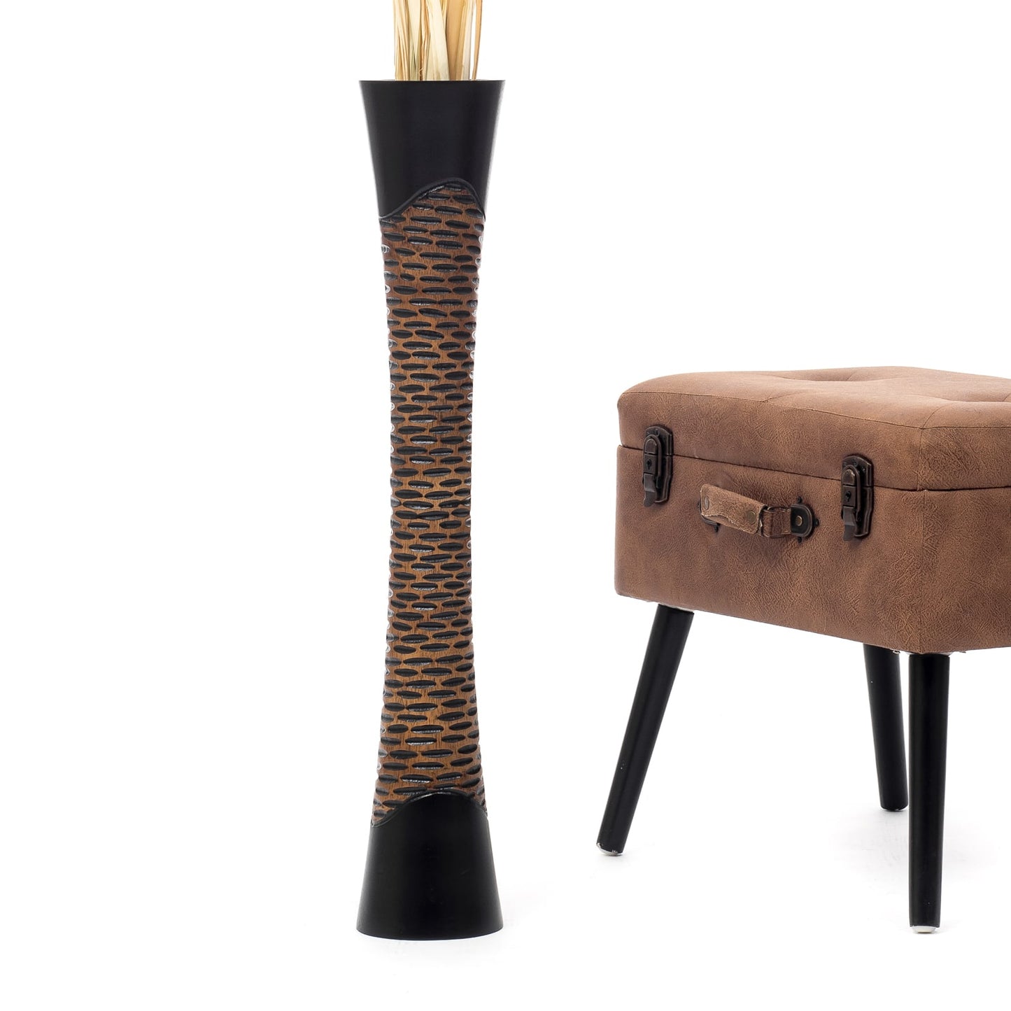 Large Mango Wood Floor Vase – Handcrafted Decorative Highlight from Thailand, brown, black, 34 inches