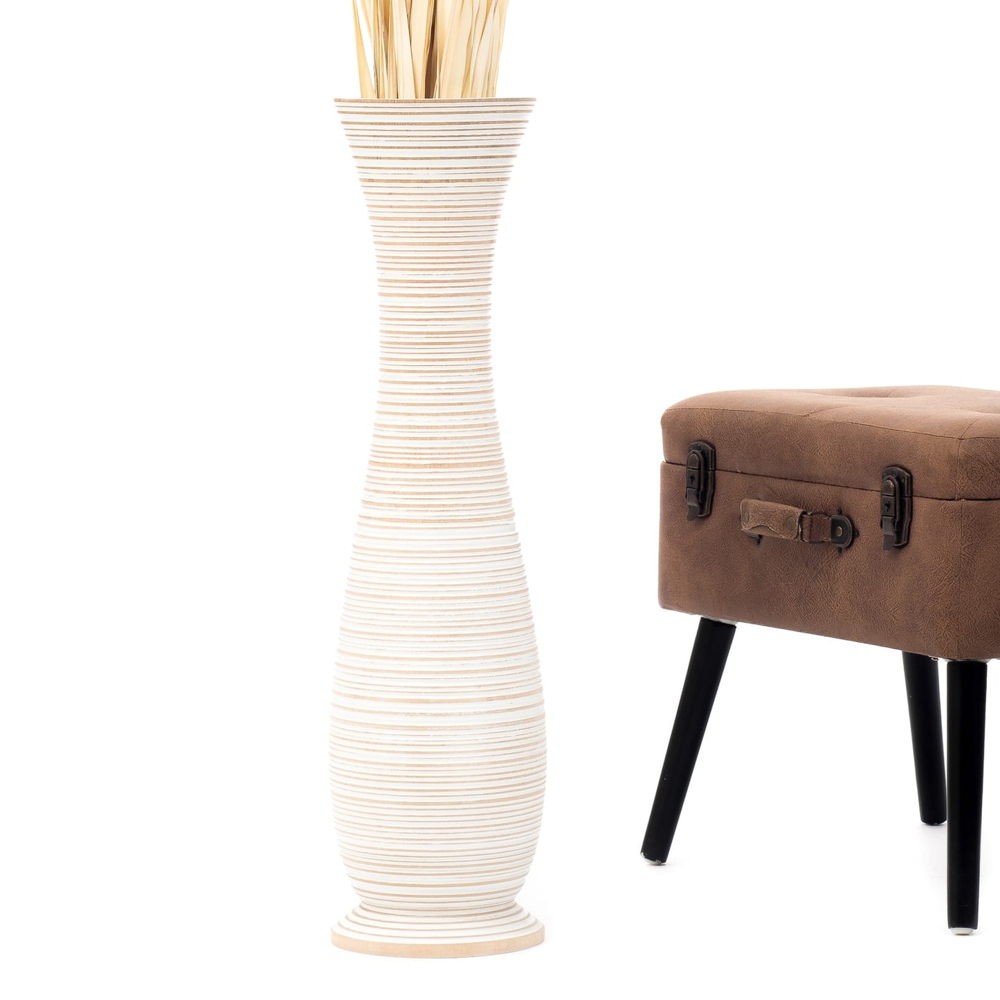 Large Mango Wood Floor Vase – Handcrafted Decorative Highlight from Thailand, white wash, 26 inches