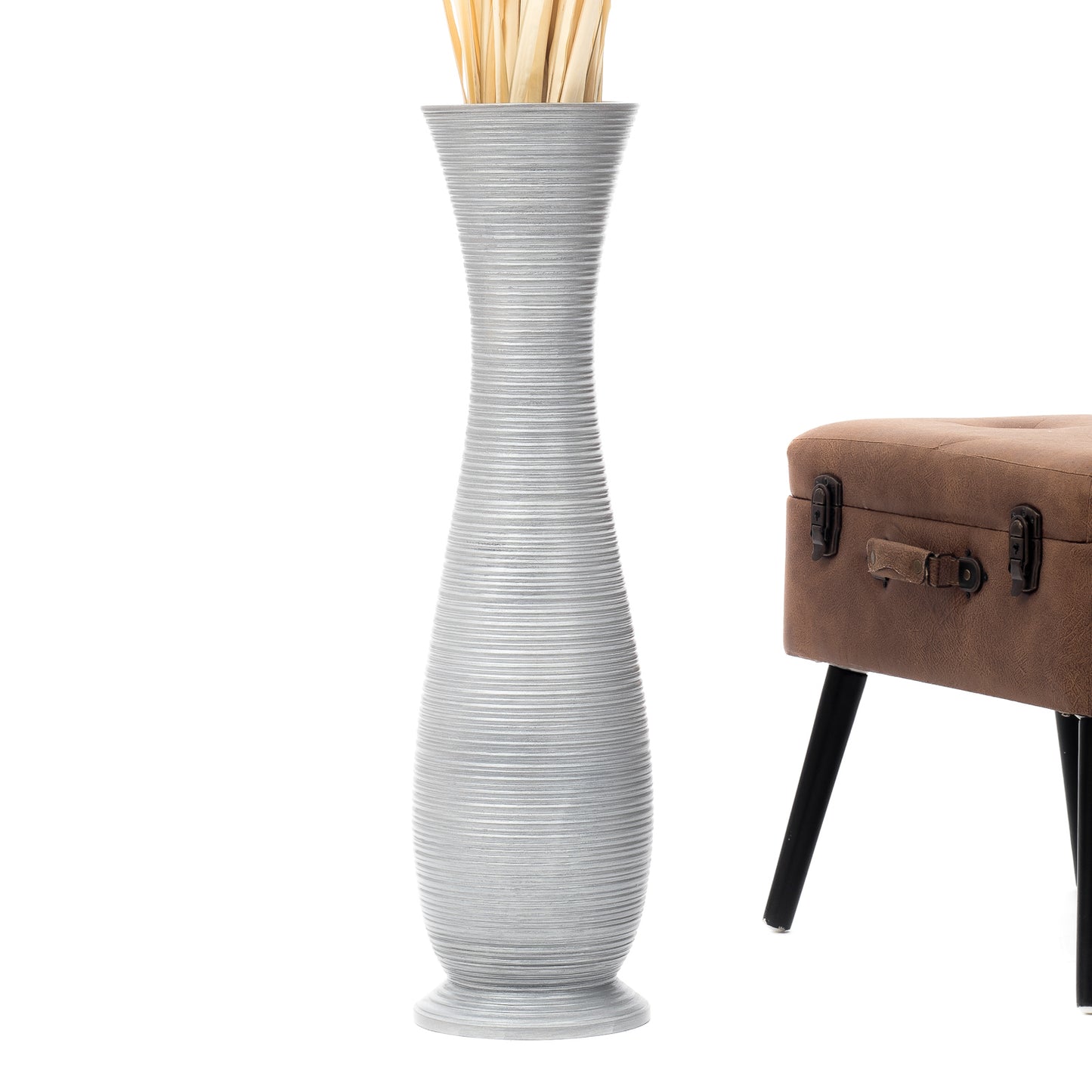 Large Mango Wood Floor Vase – Handcrafted Decorative Highlight from Thailand, silver, 26 inches