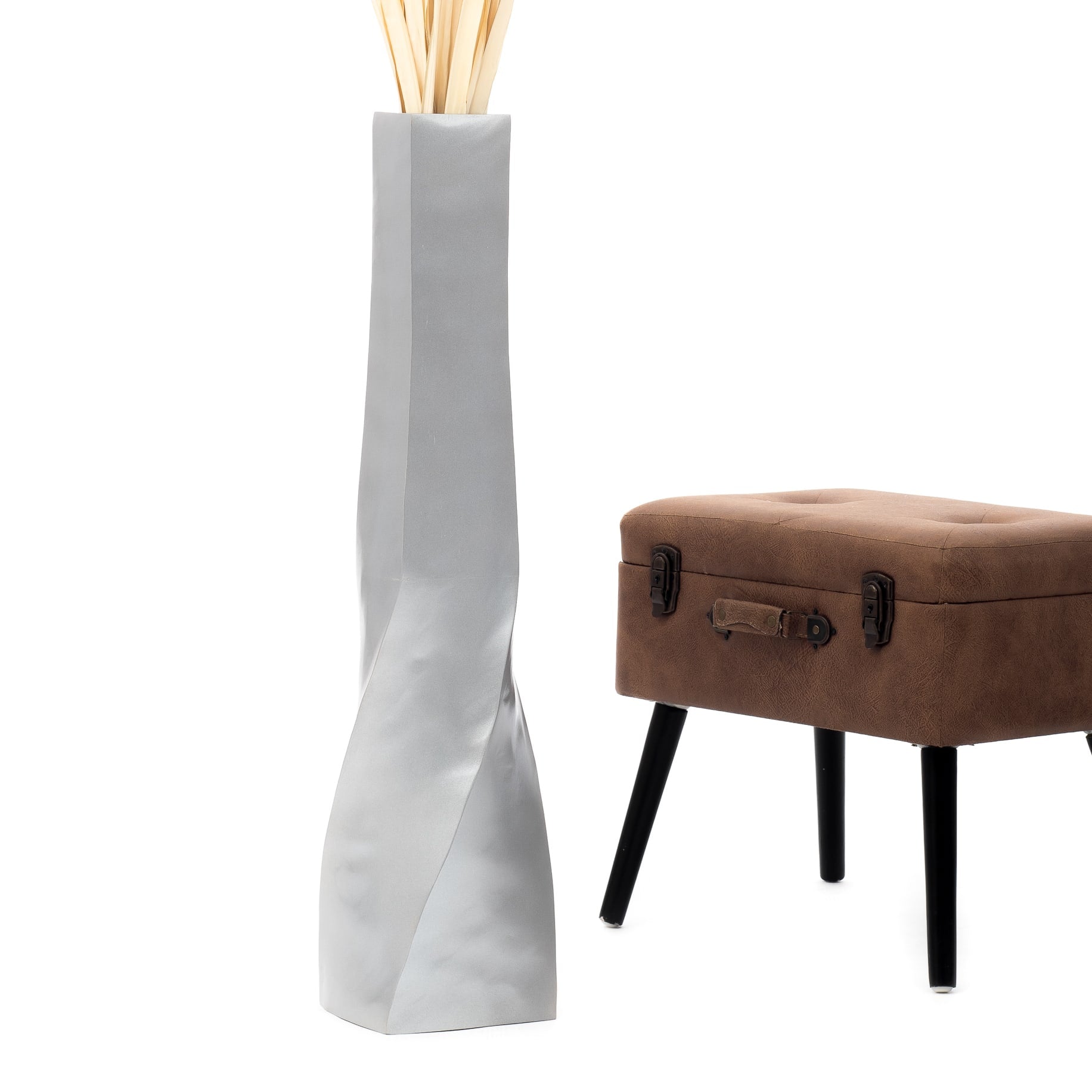 Large Mango Wood Floor Vase – Handcrafted Decorative Highlight from Thailand, silver, 34 inches