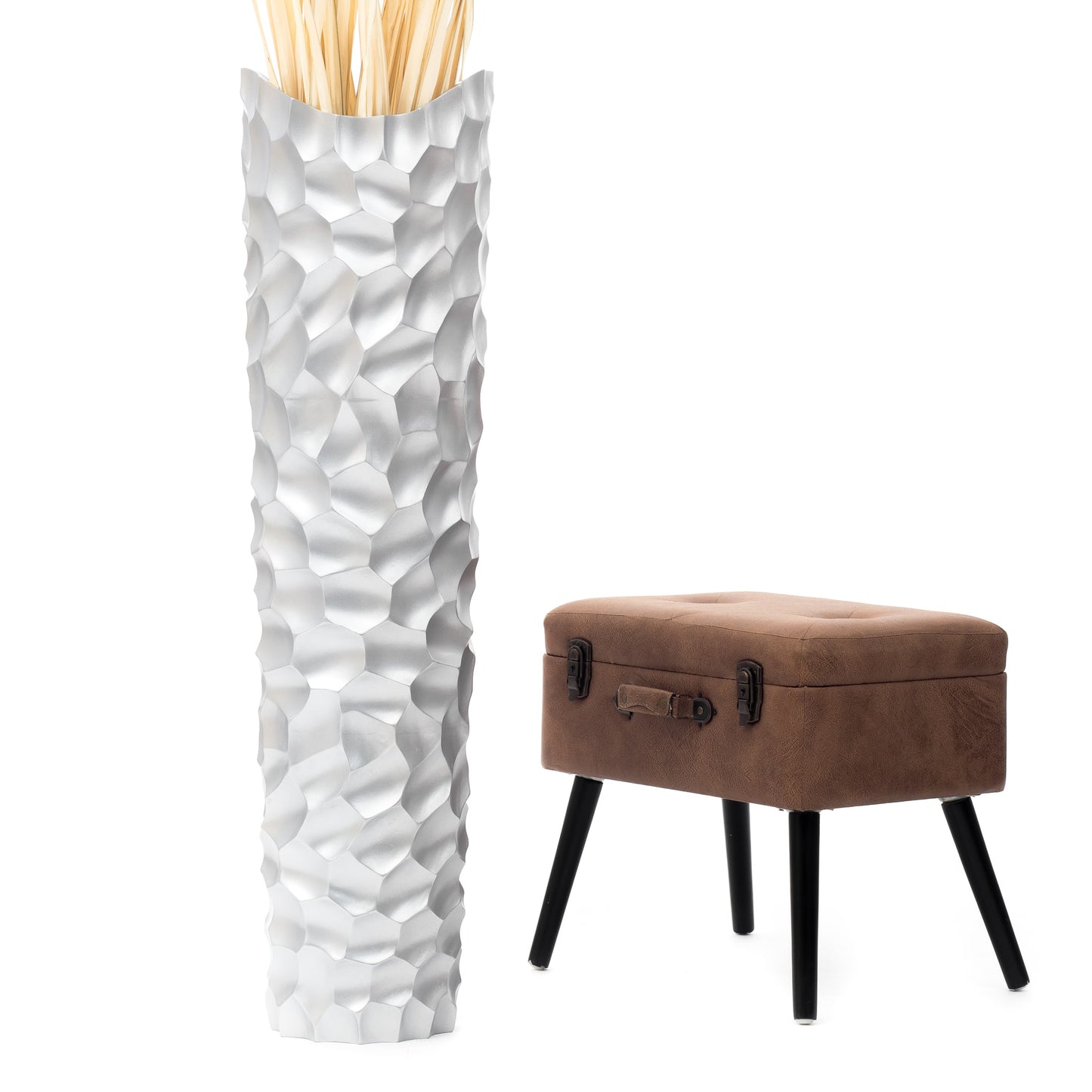 Large Mango Wood Floor Vase – Handcrafted Decorative Highlight from Thailand, silver, 41 inches